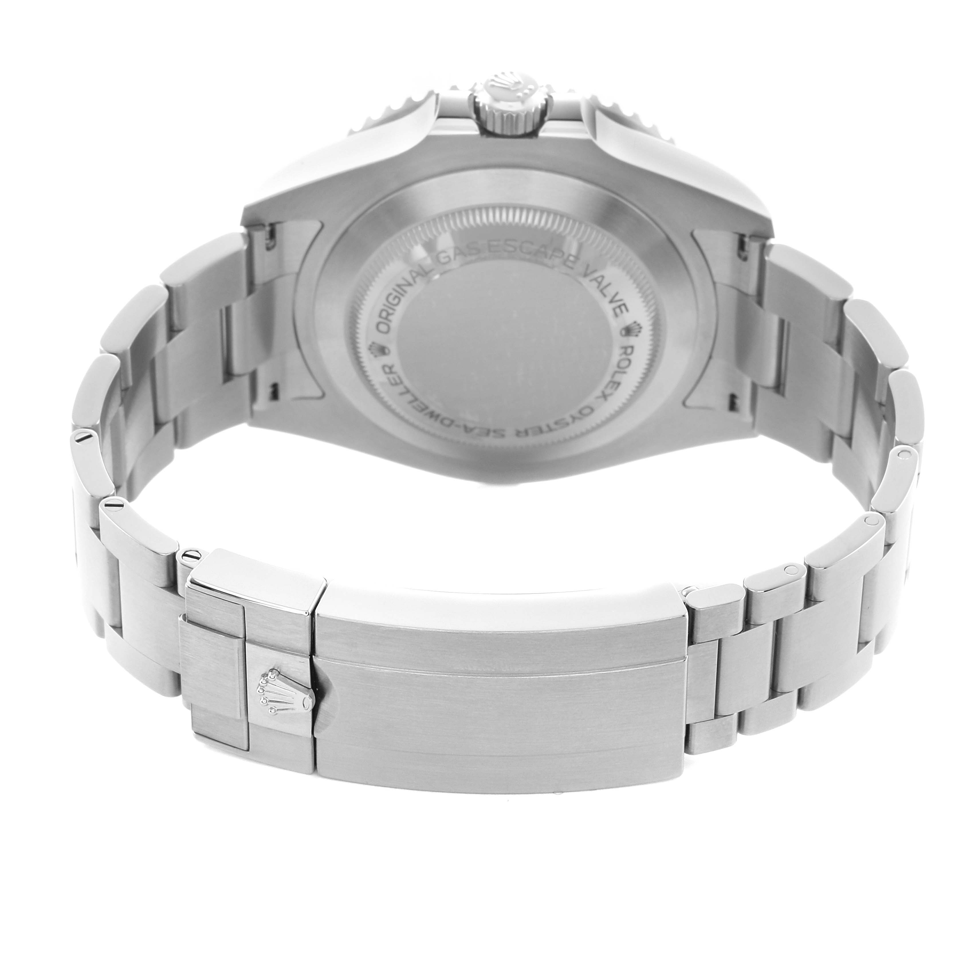 The image shows the back of the Rolex Sea-Dweller 126600 Men's Stainless Steel Black Dial, highlighting the case back, bracelet, and clasp from a rear angle.