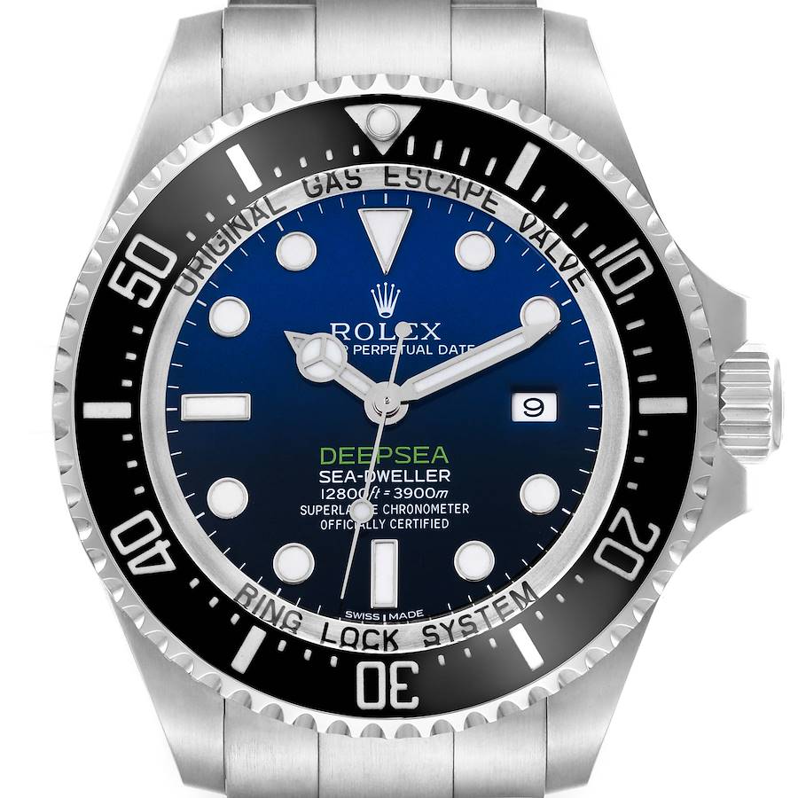 The image shows a front view of a Rolex Sea-Dweller watch, highlighting the dial, bezel, and crown.