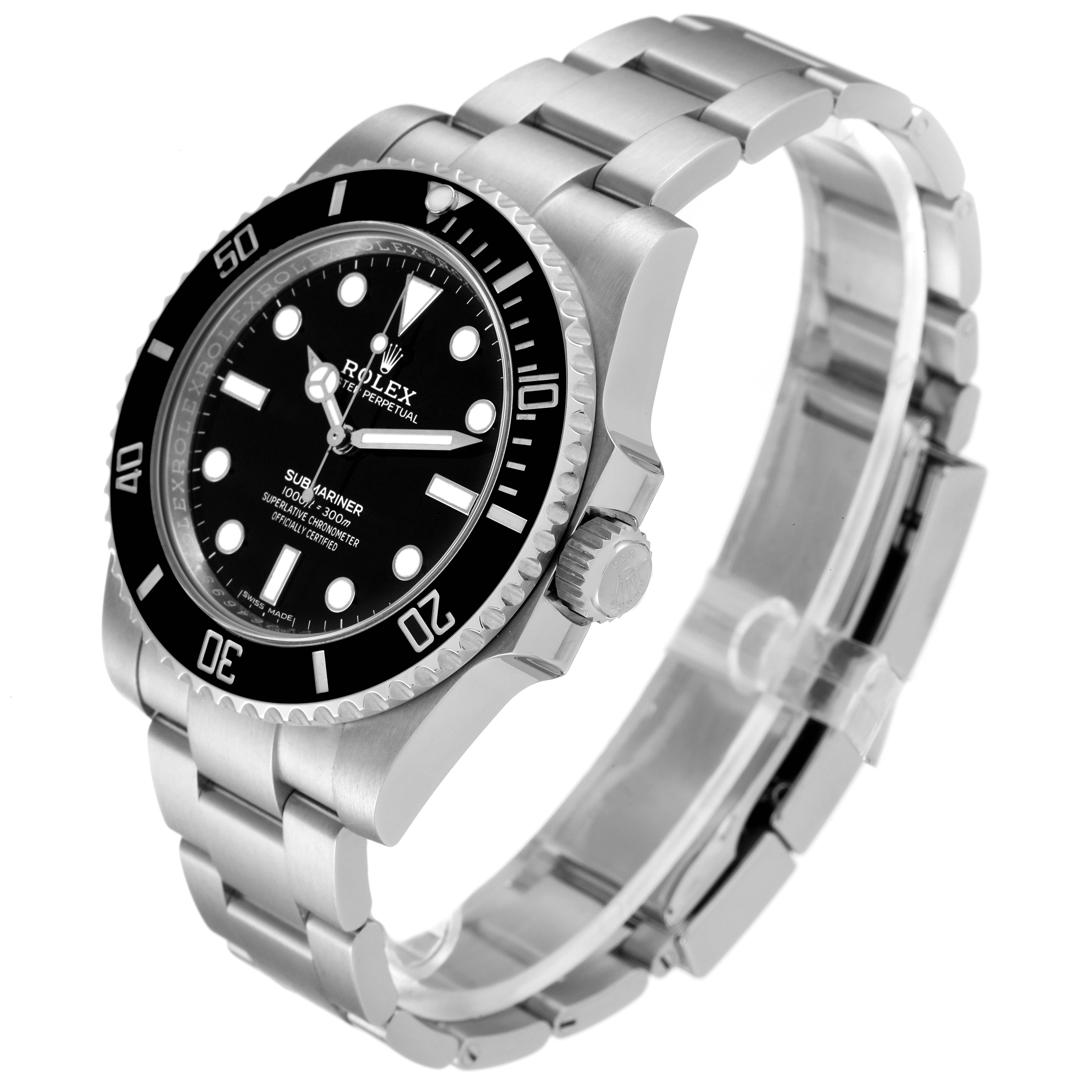 The image shows a Rolex Submariner 114060 Men
s Stainless Steel Black Dial 114060 Men
s Stainless Steel Black Dial watch at an angled side view, highlighting the face, bezel, and bracelet.