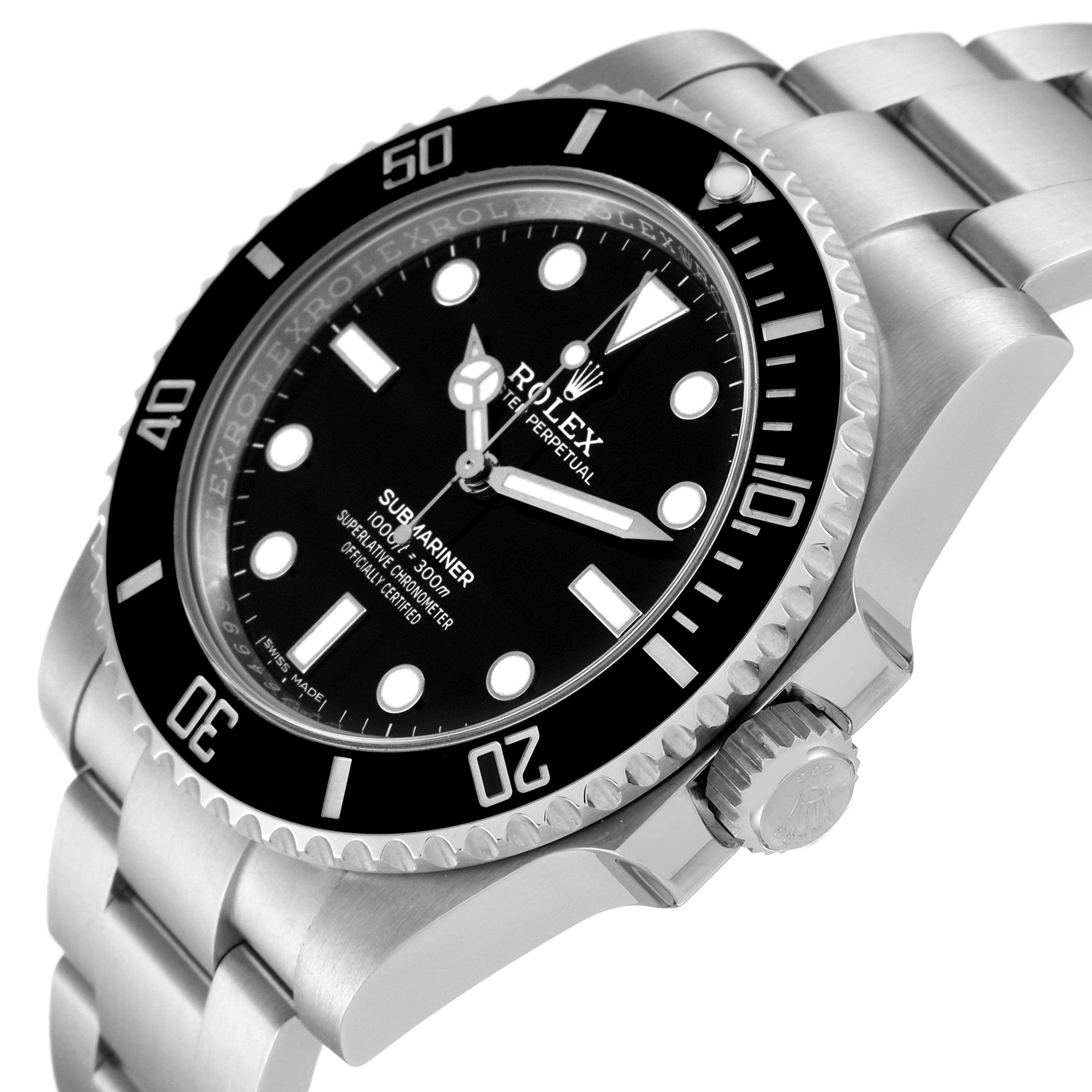 The image shows a close-up angled view of the Rolex Submariner 114060 Men
s Stainless Steel Black Dial 114060 Men
s Stainless Steel Black Dial watch displaying its bezel, dial, crown, and bracelet.