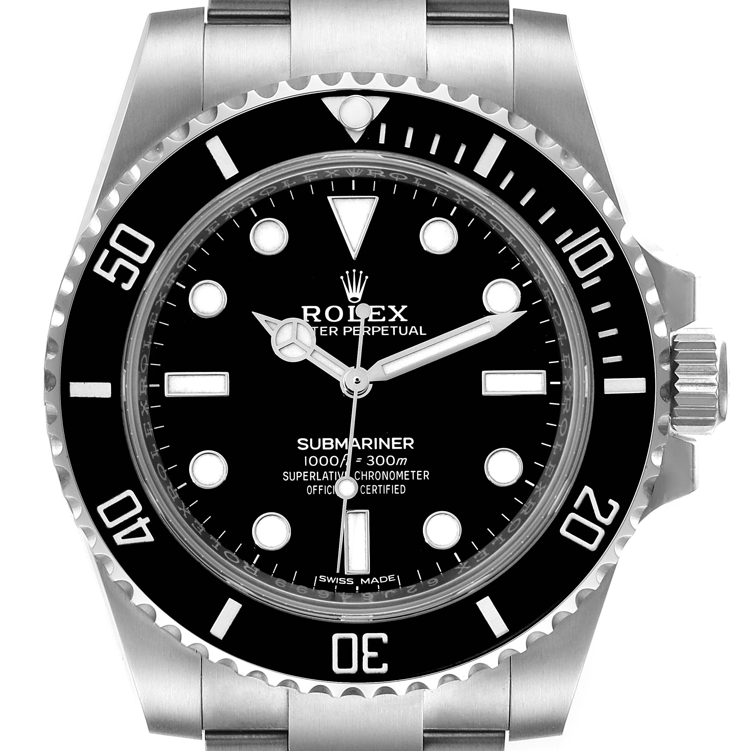 This image shows a Rolex Submariner 114060 Men
s Stainless Steel Black Dial 114060 Men
s Stainless Steel Black Dial watch from a frontal angle, highlighting the dial, bezel, and part of the bracelet.