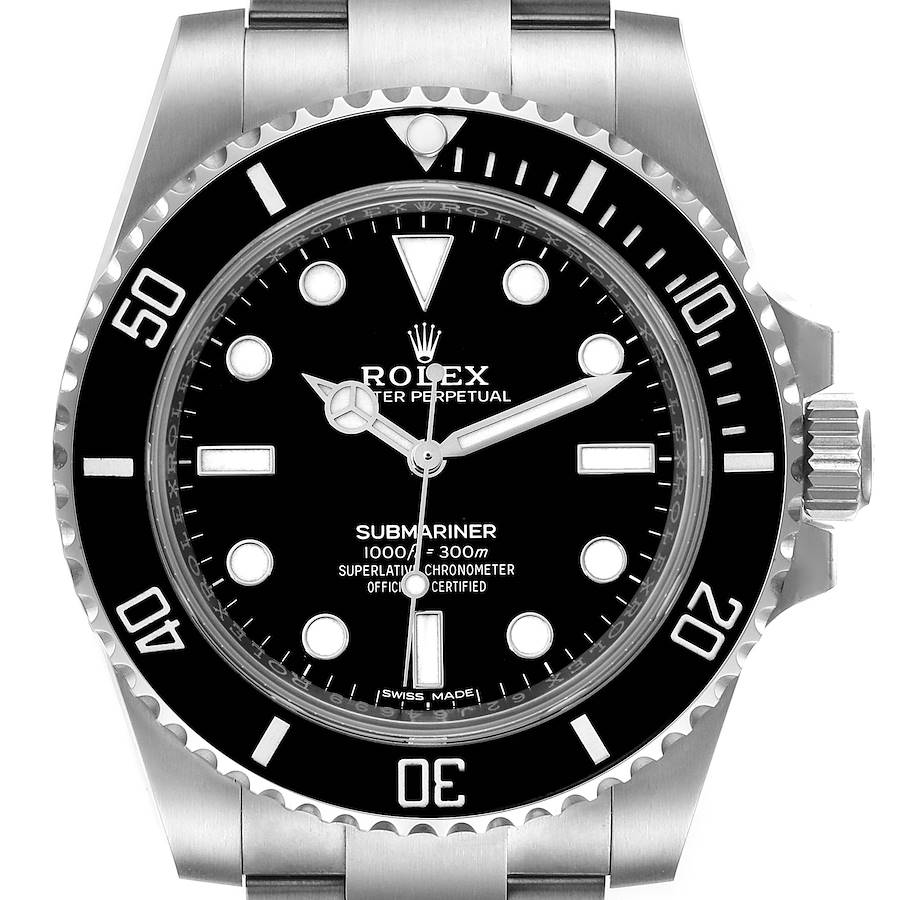 This image shows a Rolex Submariner watch from a frontal angle, highlighting the dial, bezel, and part of the bracelet.