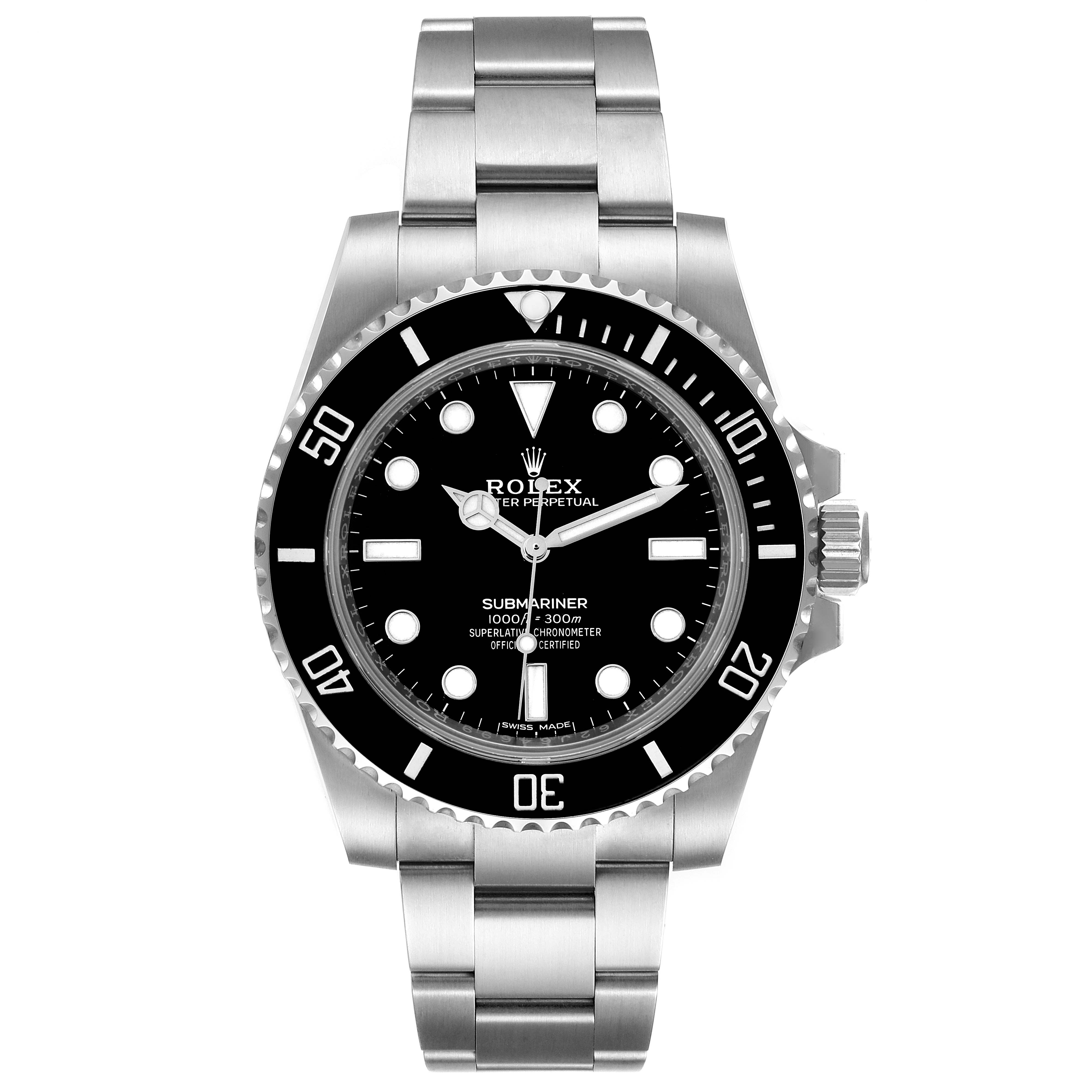 The image shows a front view of a Rolex Submariner 114060 Men
s Stainless Steel Black Dial 114060 Men
s Stainless Steel Black Dial watch, highlighting its black dial, bezel, and metal bracelet.