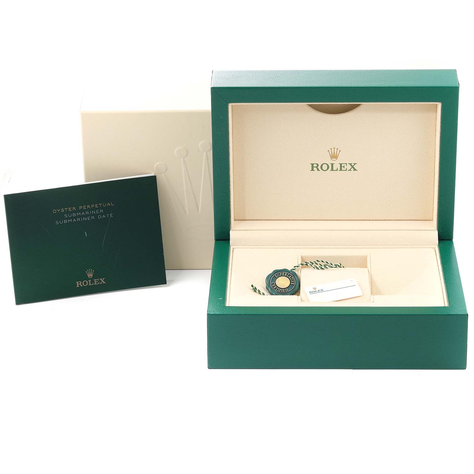 This image shows the open box set for a Rolex Submariner 114060 Men
s Stainless Steel Black Dial 114060 Men
s Stainless Steel Black Dial with its accessories and booklet from a frontal angle.