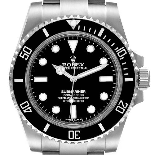 The image shows a front view of the Rolex Submariner watch, highlighting the dial, bezel, crown, and part of the bracelet.