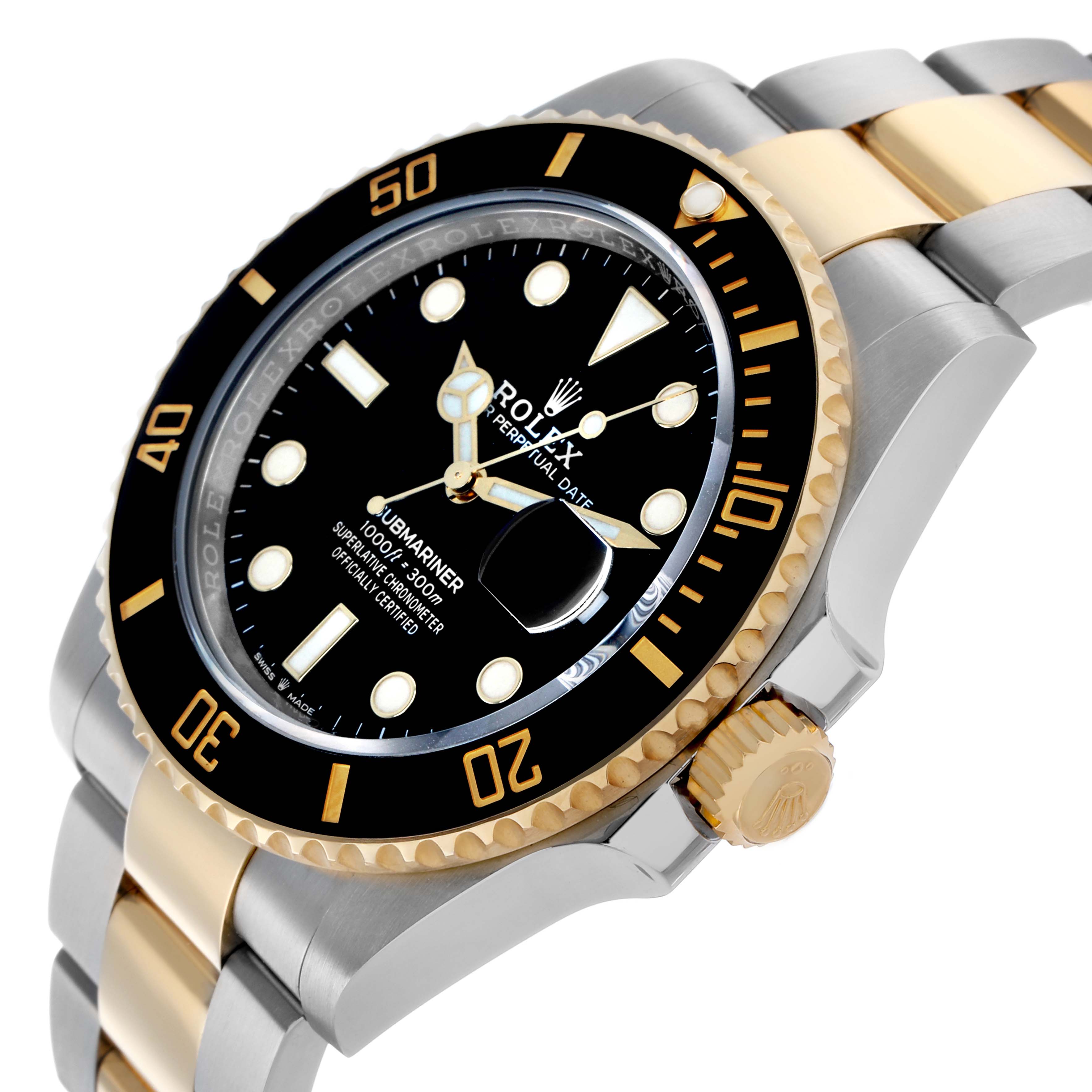The Rolex Submariner 126613 Men
s Steel and Gold (two tone) Black Dial is shown from an angled side view, highlighting its bezel, dial, crown, and two-tone bracelet.