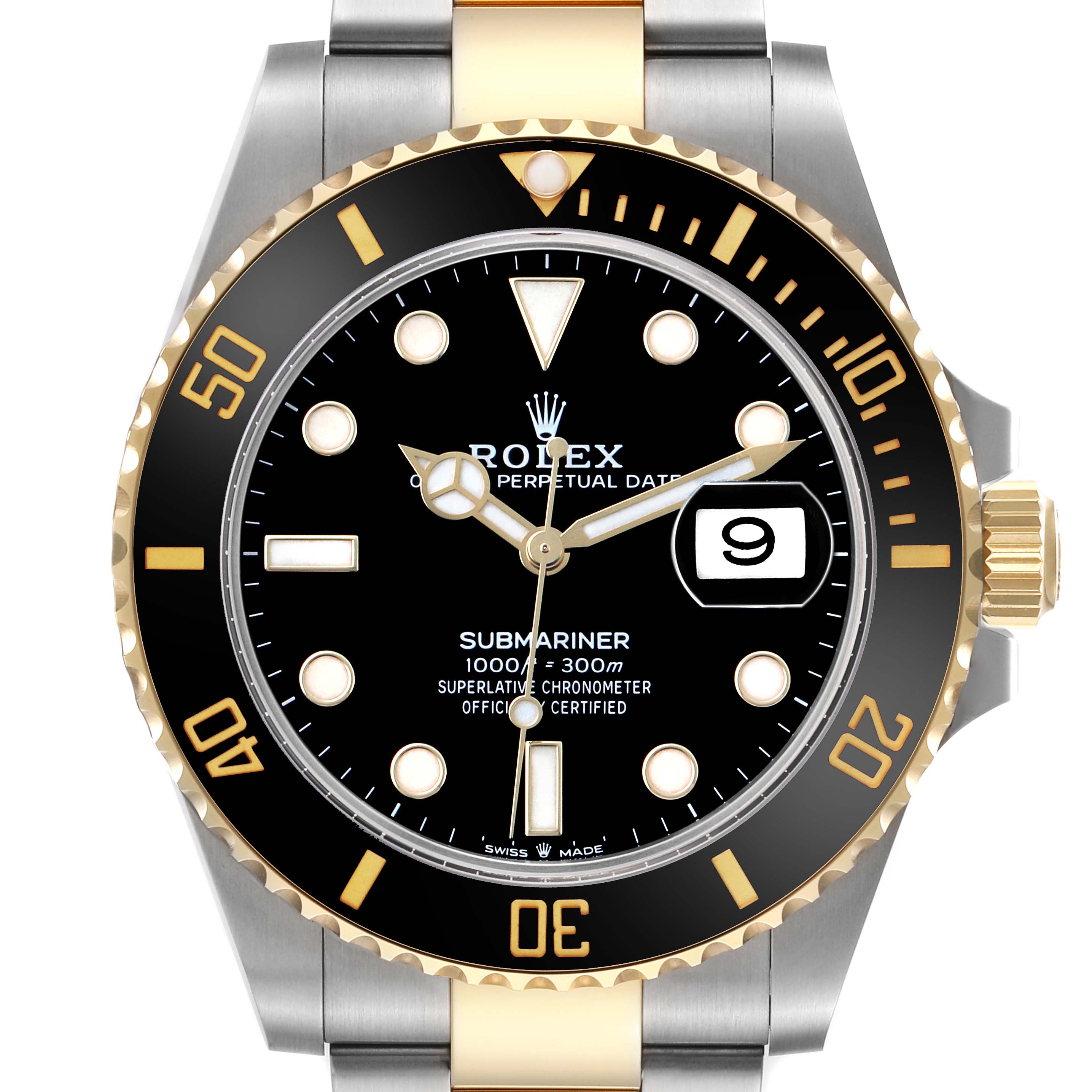 The Rolex Submariner 126613 Men
s Steel and Gold (two tone) Black Dial watch is shown from a front angle, highlighting the face, bezel, crown, and bracelet.