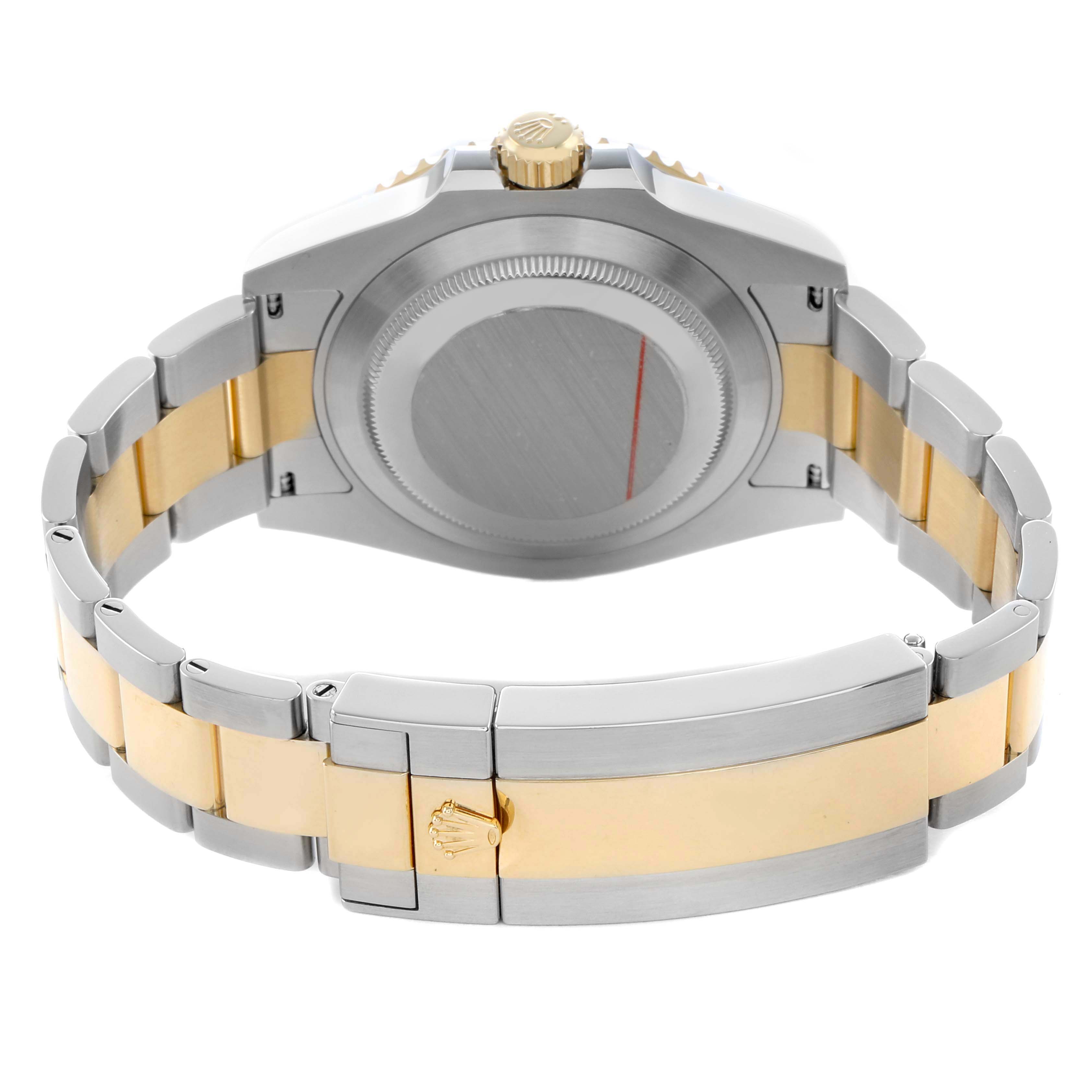 The image shows the back view of a Rolex Submariner 126613 Men
s Steel and Gold (two tone) Black Dial, highlighting the stainless steel and gold bracelet, along with the case back and crown.