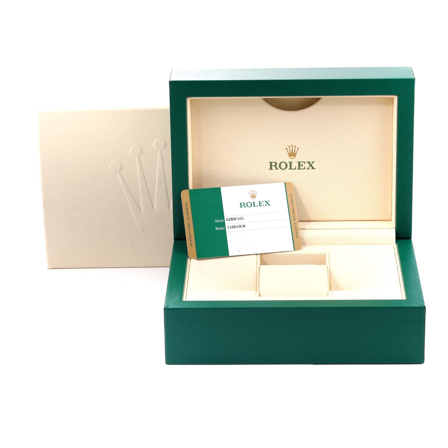 The image shows an open green Rolex watch box with a certification card for the Submariner model.