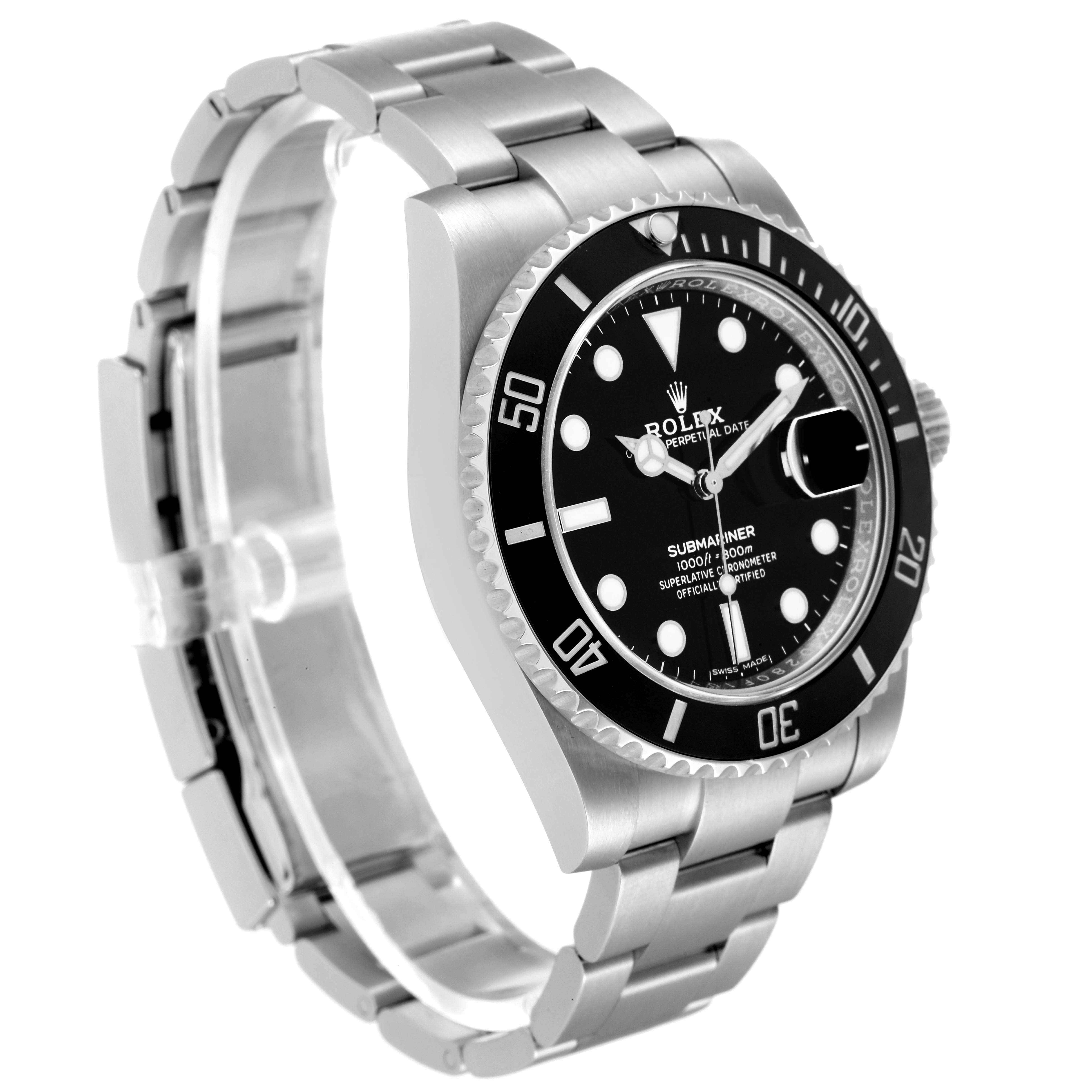 This image shows an angled side view of the Rolex Submariner 116610 Men
s Stainless Steel Black Dial 116610 Men
s Stainless Steel Black Dial watch displaying its face, bezel, case, and bracelet.