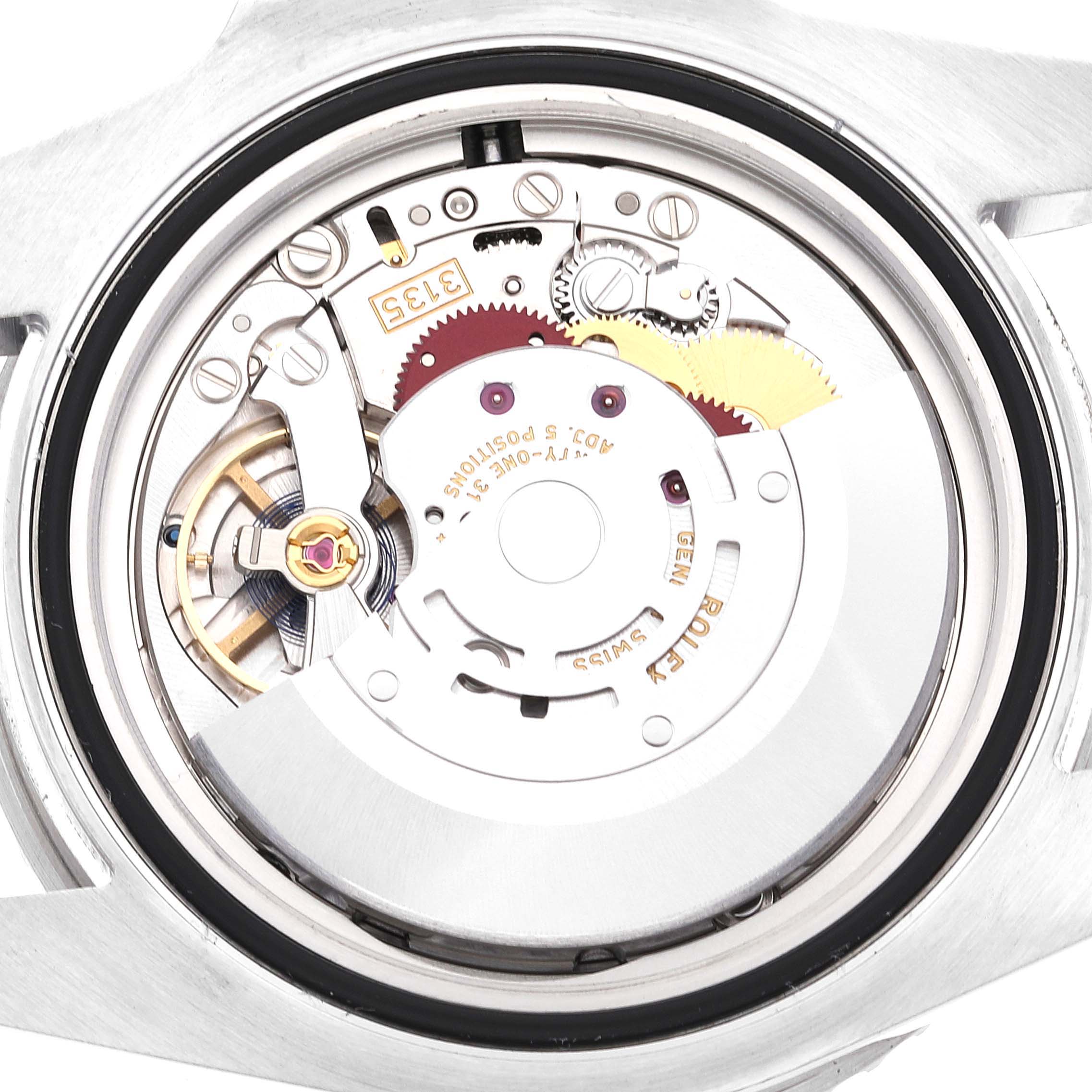 This image shows a close-up view of the internal mechanism of a Rolex Submariner 116610 Men
s Stainless Steel Black Dial 116610 Men
s Stainless Steel Black Dial watch.