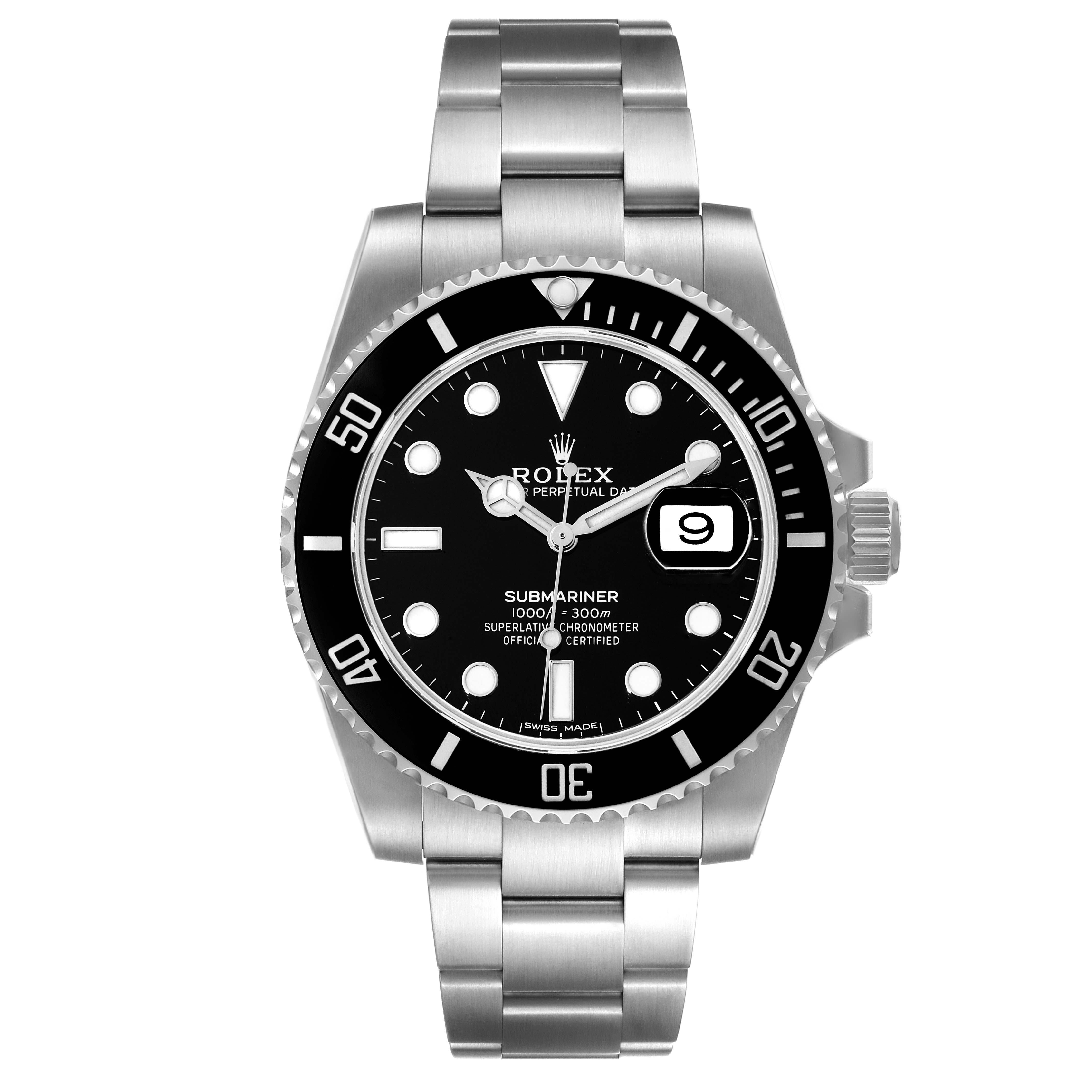 This image shows a front view of a Rolex Submariner 116610 Men
s Stainless Steel Black Dial 116610 Men
s Stainless Steel Black Dial watch, highlighting its dial, bezel, and bracelet.