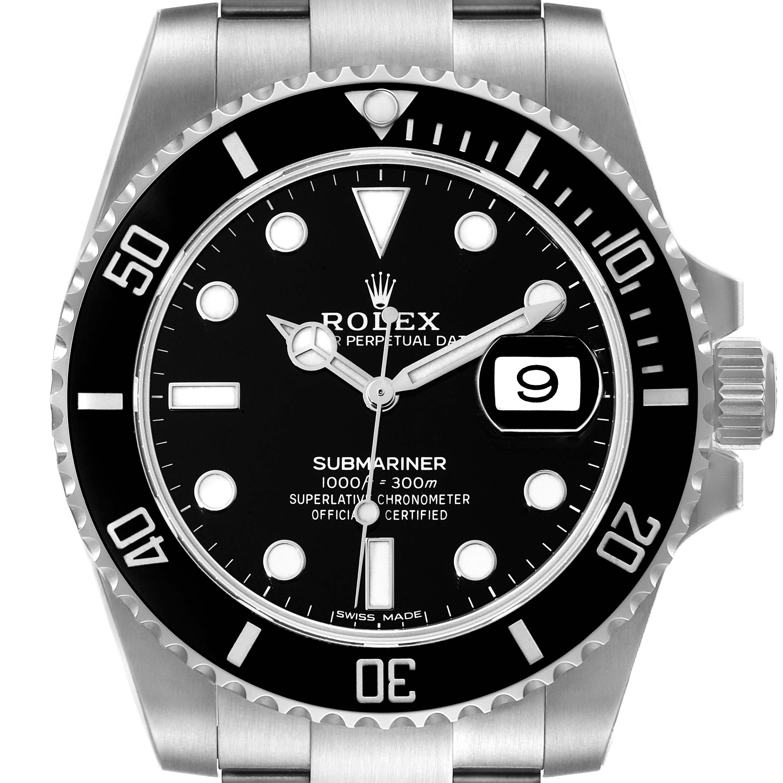 The image shows a front view of the Rolex Submariner 116610 Men
s Stainless Steel Black Dial 116610 Men
s Stainless Steel Black Dial watch, highlighting its black dial, bezel, and bracelet.