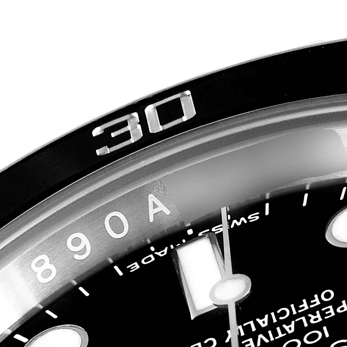 This image shows a close-up of the dial and bezel at the 30-minute mark of a Rolex Submariner 116610 Men's Stainless Steel Black Dial 116610 Men's Stainless Steel Black Dial watch.