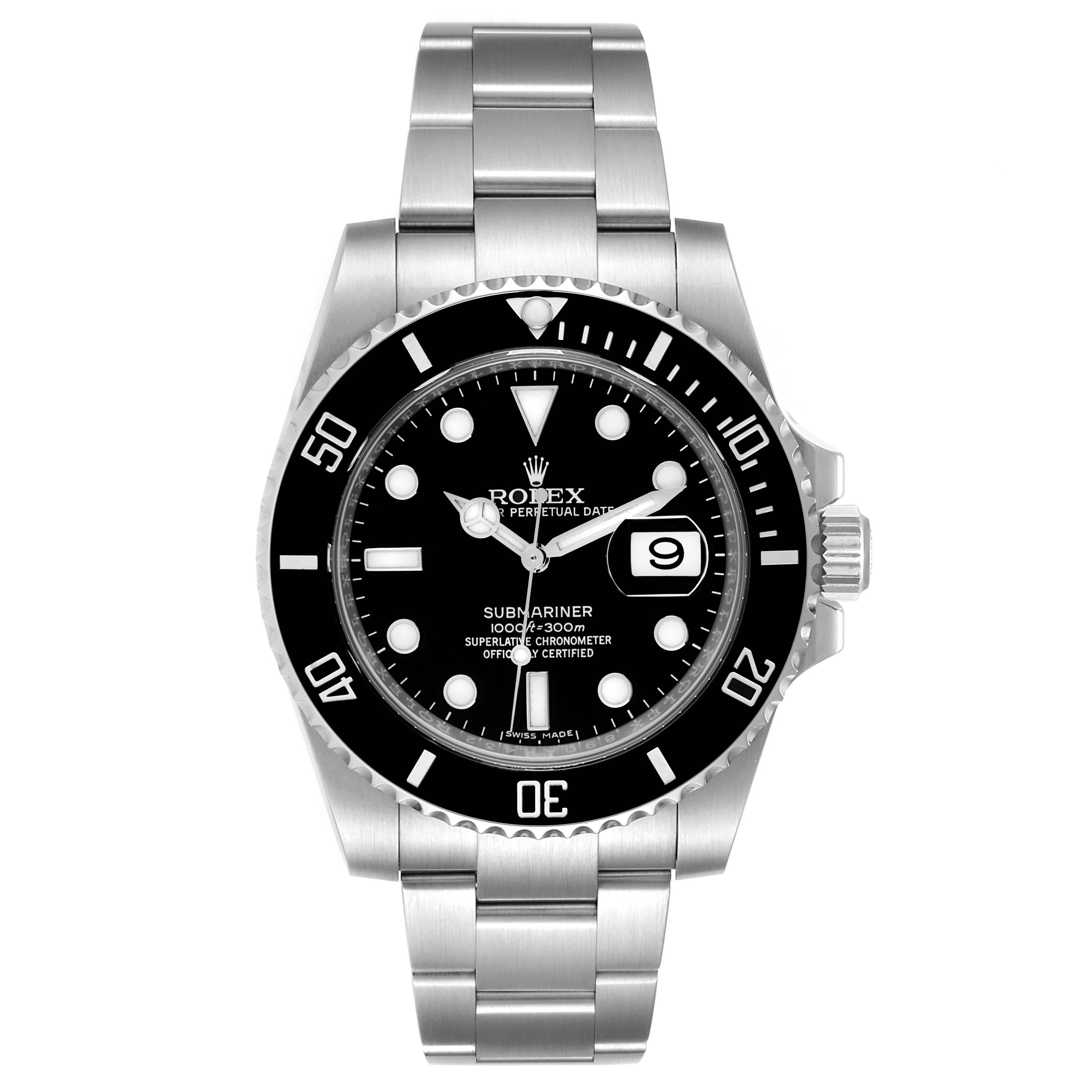 This image shows a front view of the Rolex Submariner 116610 Men's Stainless Steel Black Dial 116610 Men's Stainless Steel Black Dial model, featuring its black dial, rotating bezel, and stainless steel bracelet.