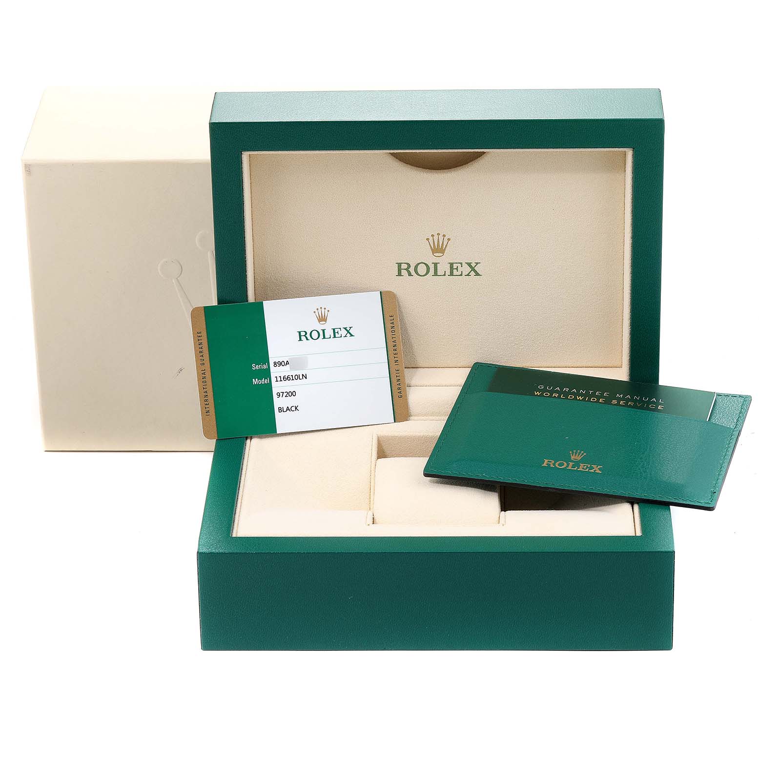 The image shows a Rolex Submariner 116610 Men's Stainless Steel Black Dial 116610 Men's Stainless Steel Black Dial watch box with certification cards and a guarantee manual displayed at an angle.