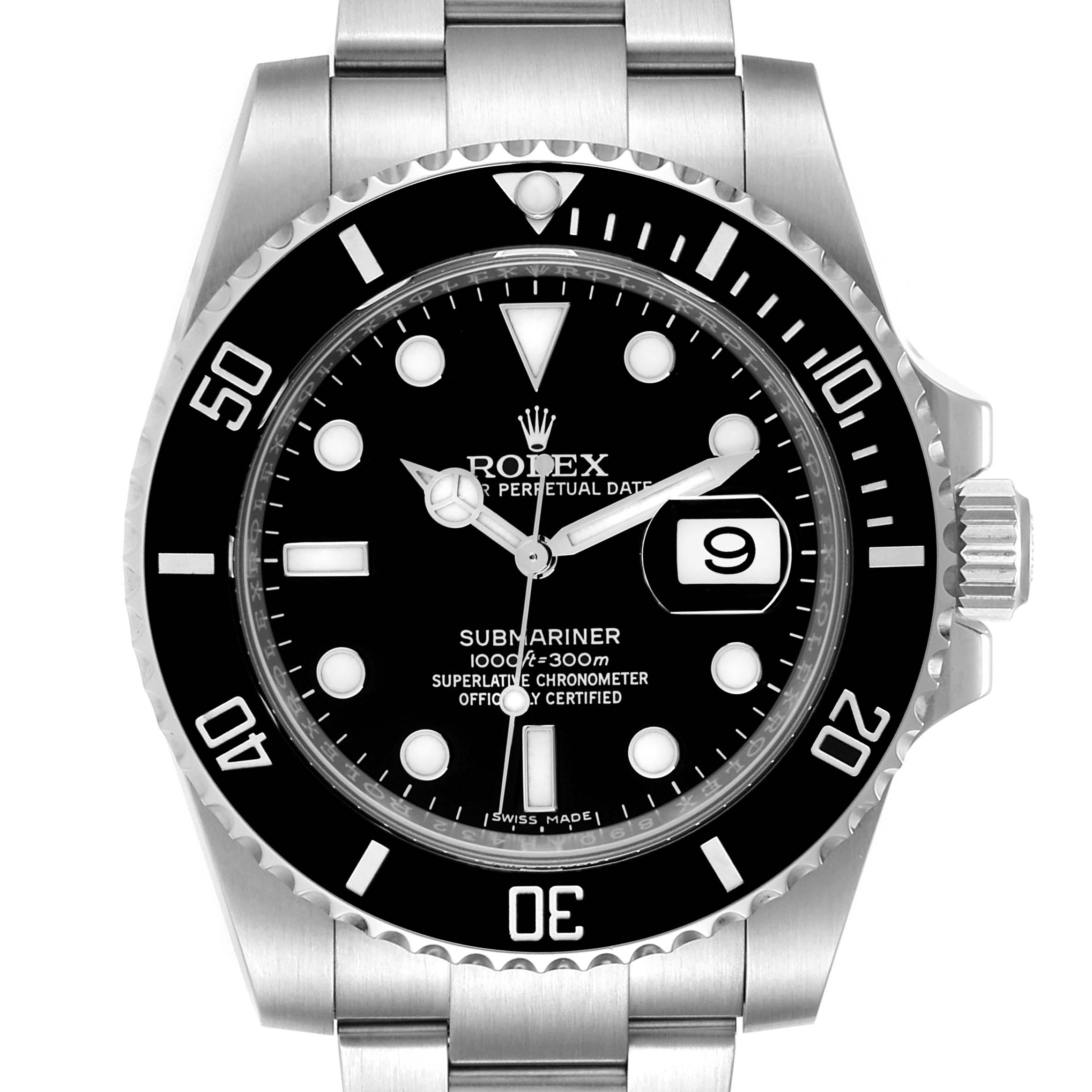 This image shows the dial, bezel, crown, and part of the bracelet of a Rolex Submariner 116610 Men's Stainless Steel Black Dial 116610 Men's Stainless Steel Black Dial watch from a front angle.