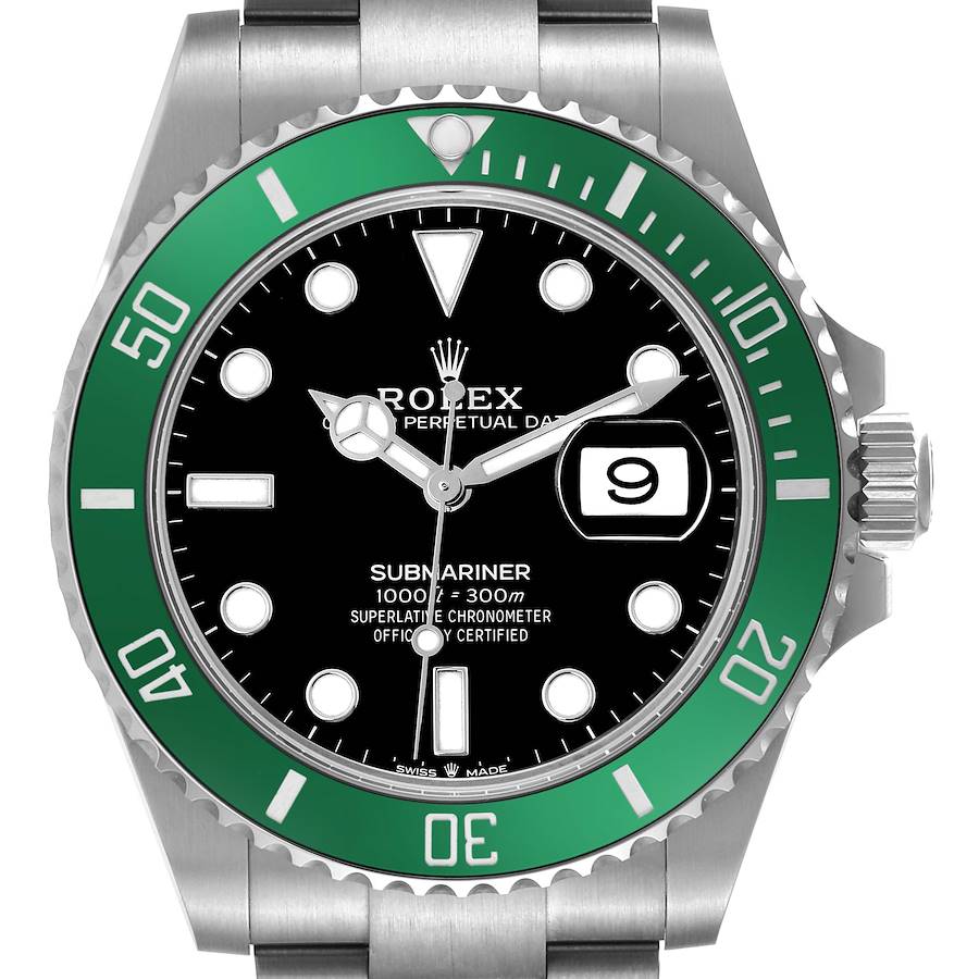 The Rolex Submariner watch is shown from a front angle, displaying the dial, bezel, and part of the bracelet.