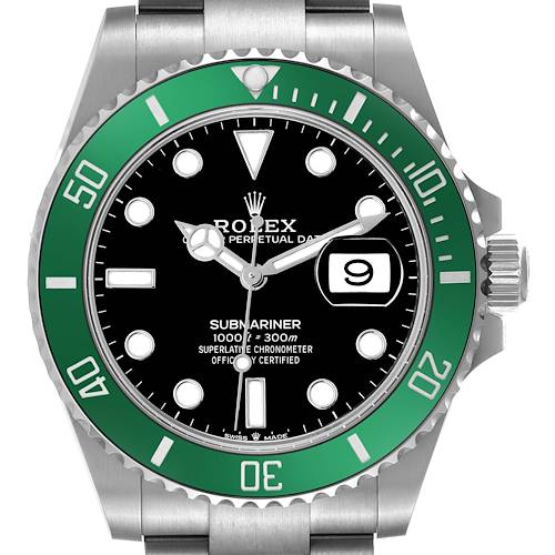 The image shows a front view of the Rolex Submariner, highlighting the bezel, dial, hands, and crown.