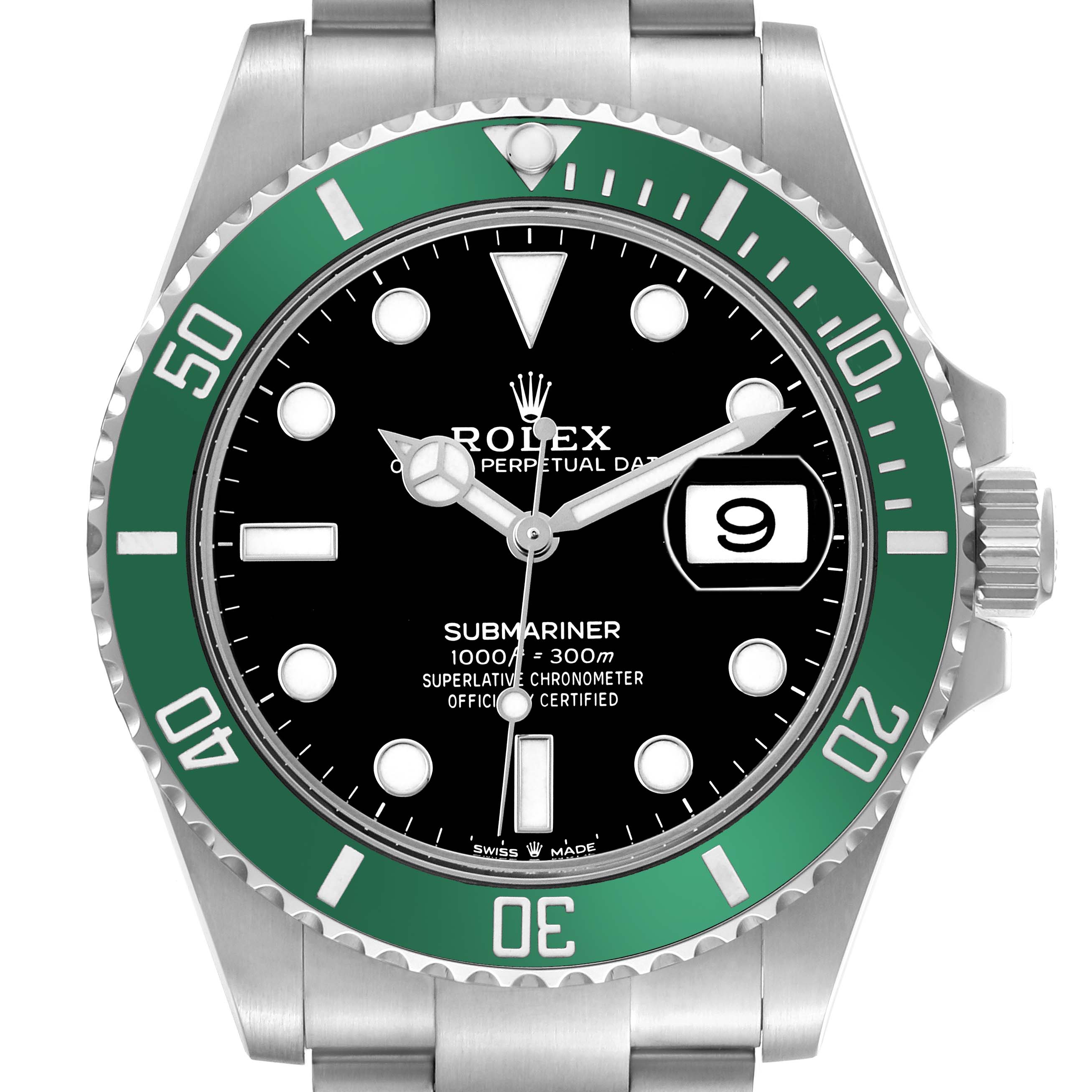 The image shows a frontal view of a Rolex Submariner 126610LV Men
s Stainless Steel Black Dial watch, featuring its green bezel, black dial, and date function.