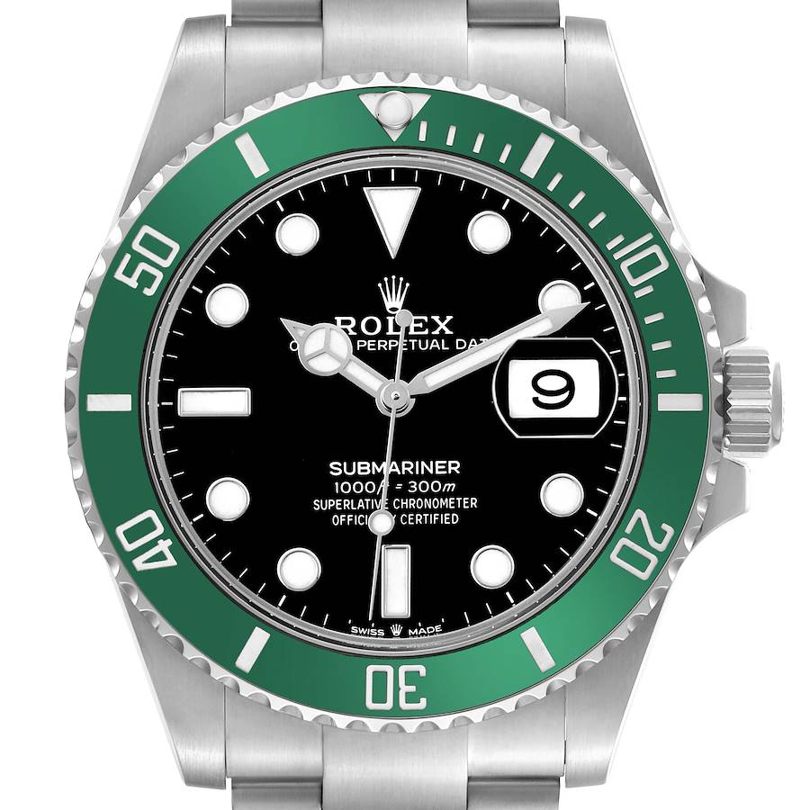 The image shows a frontal view of a Rolex Submariner 126610LV Men's Stainless Steel Black Dial watch, featuring its green bezel, black dial, and date function.