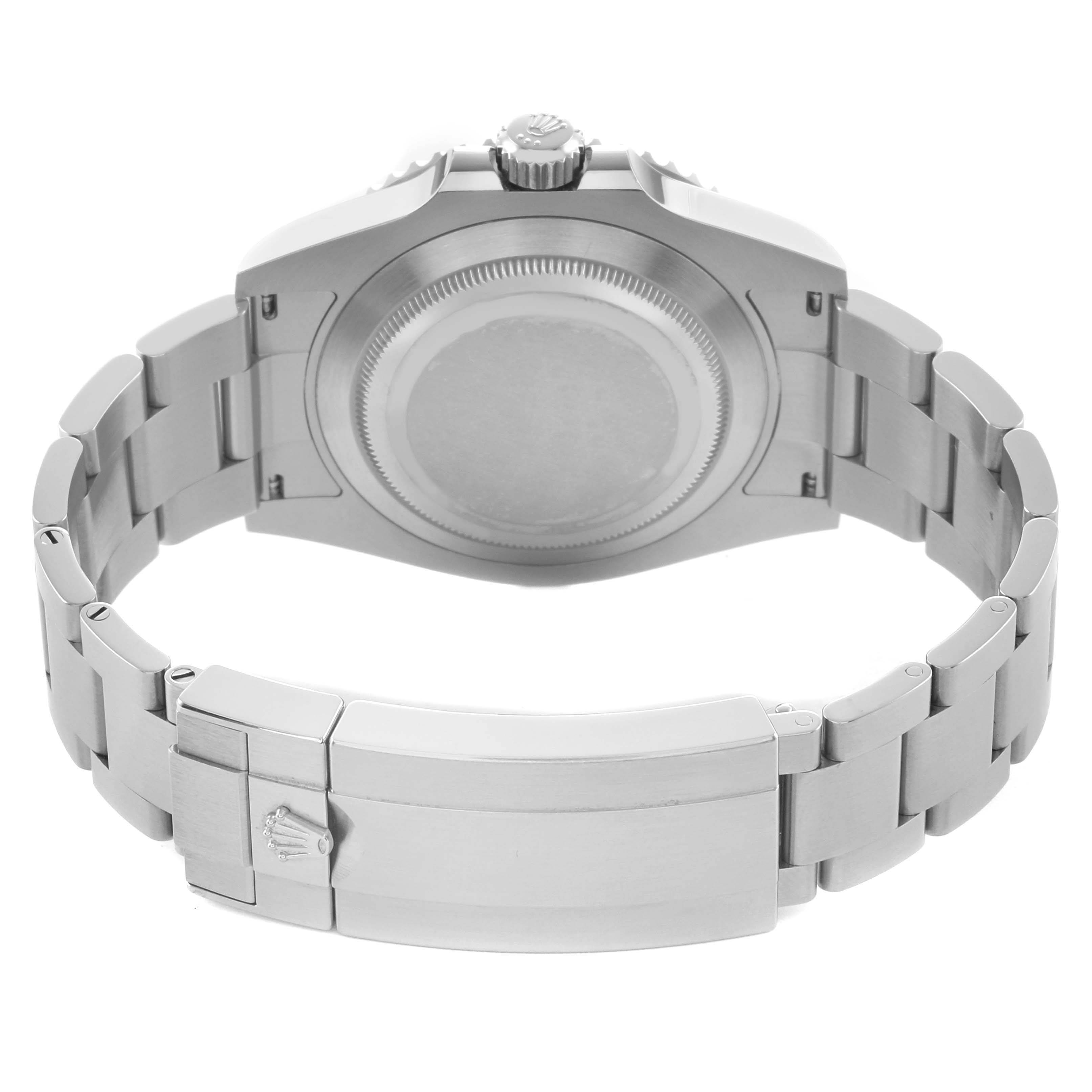 The image shows the backside of a Rolex Submariner 126610LV Men
s Stainless Steel Black Dial, highlighting the case back and the bracelet with the clasp.