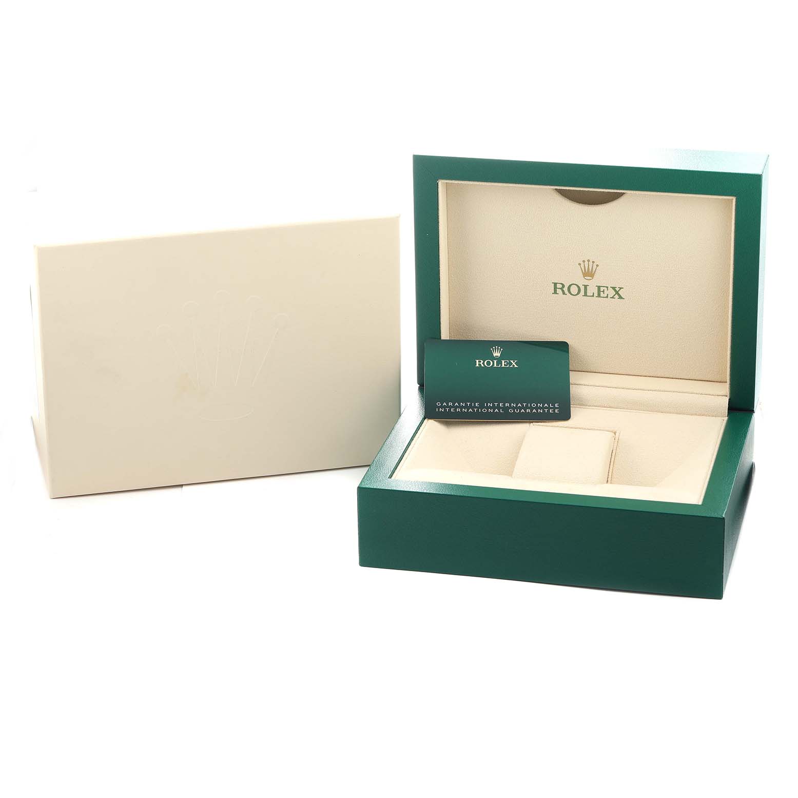 The image shows a Rolex Submariner 126610LV Men
s Stainless Steel Black Dial box and warranty card, showcasing the interior packaging and card, viewed from the front.