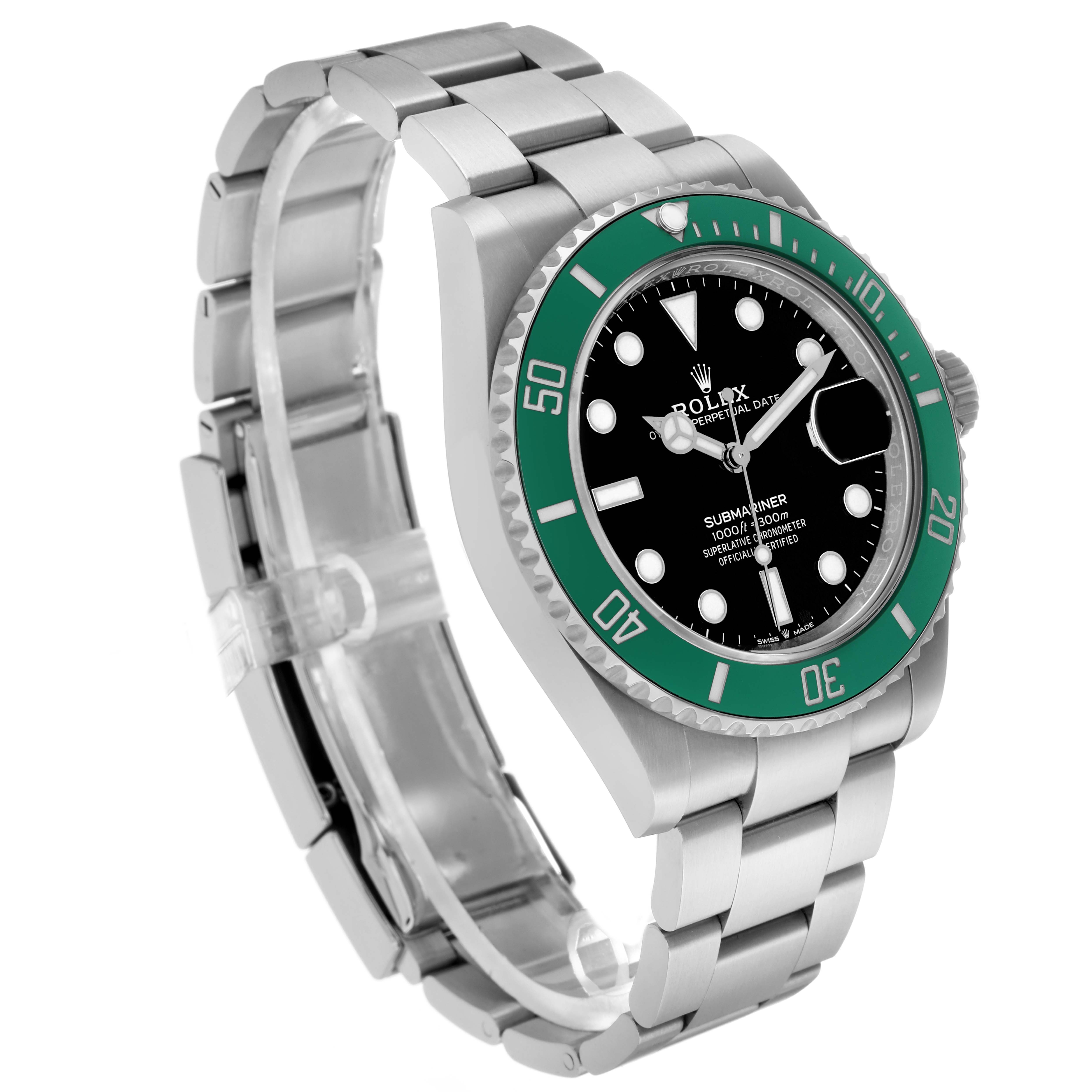 The Rolex Submariner 126610LV Men
s Stainless Steel Black Dial is shown at a three-quarter angle, displaying the bezel, dial, and bracelet.