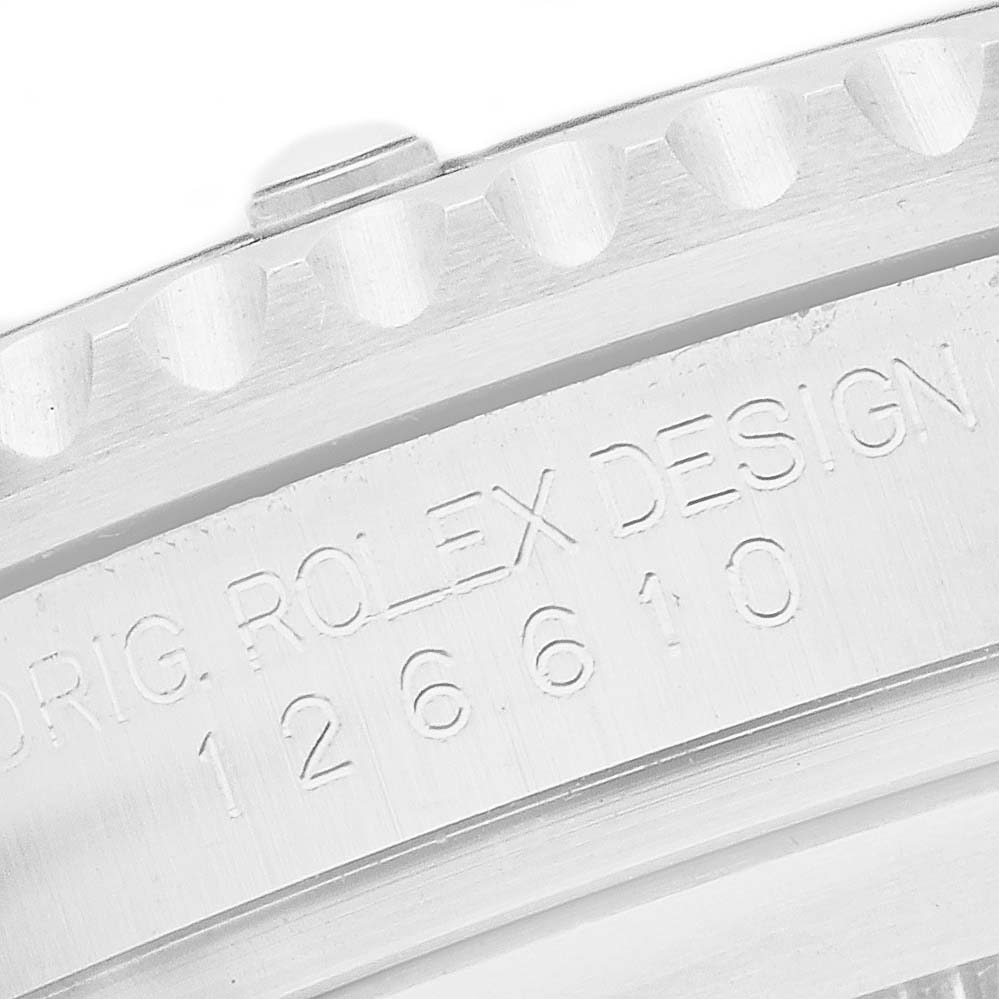 The image shows a close-up of the bezel and engraved model details of a Rolex Submariner 126610LV Men
s Stainless Steel Black Dial watch.