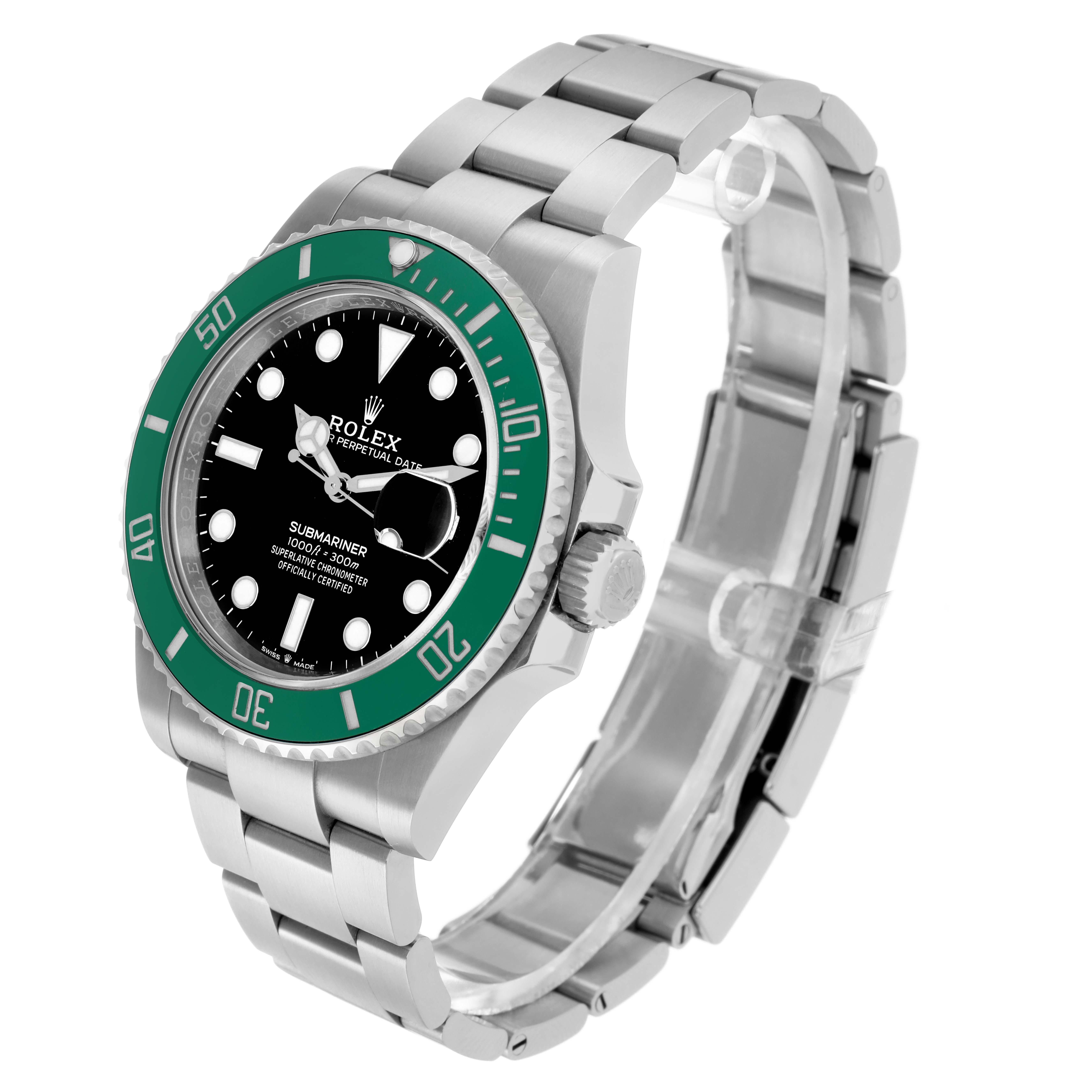 The Rolex Submariner 126610LV Men
s Stainless Steel Black Dial watch is shown at a slight angle displaying the face, bezel, crown, and stainless steel bracelet.