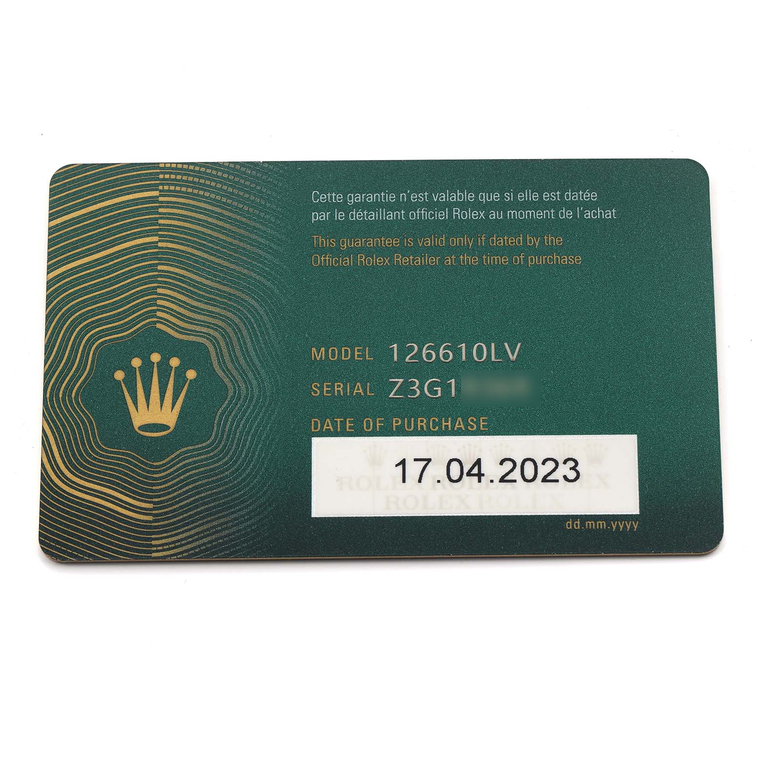 The image shows a Rolex guarantee card for the Submariner model 126610LV with purchase details.