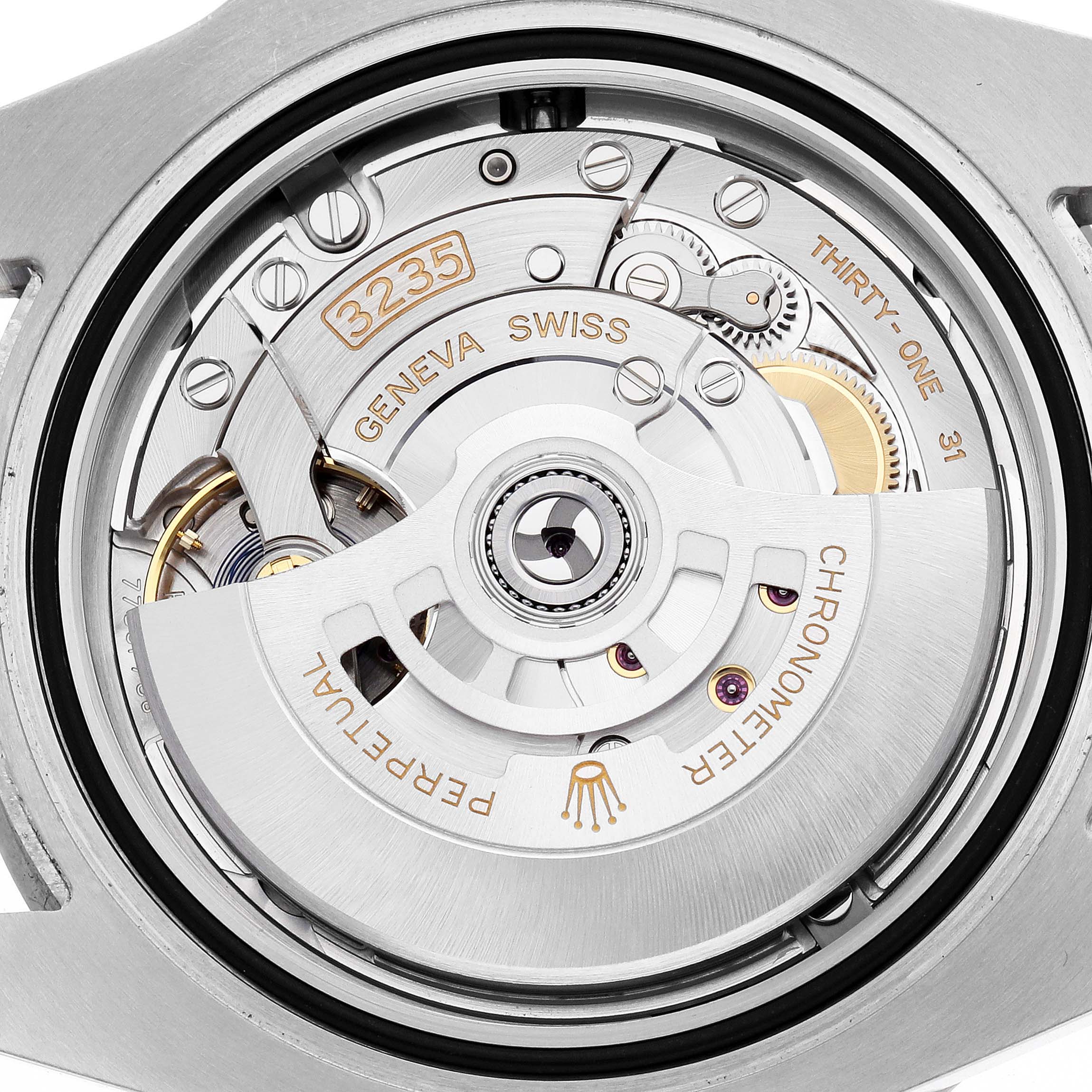 The image shows the back view of a Rolex Submariner 126610LV Men
s Stainless Steel Black Dial, highlighting its movement and rotor.