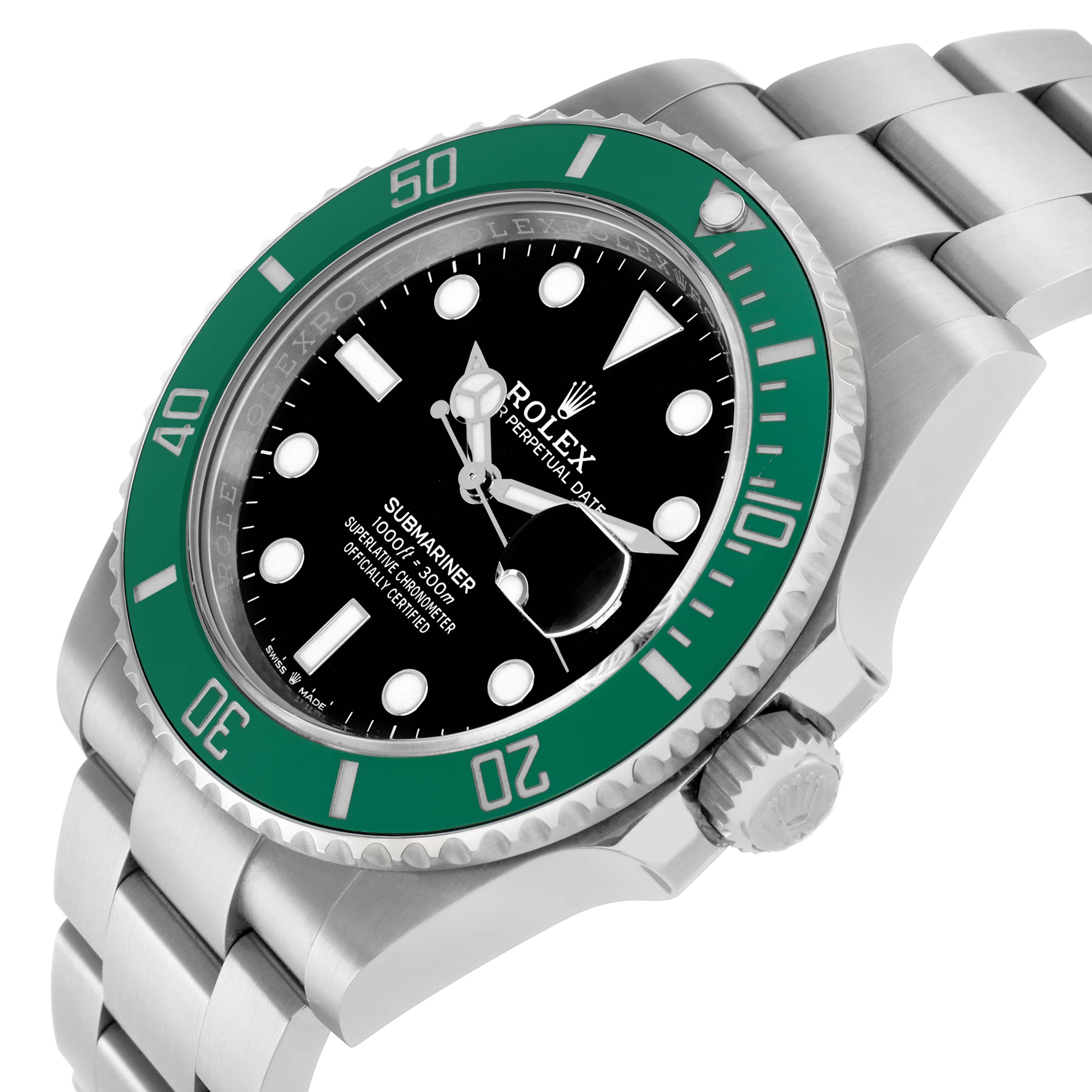 The image shows a Rolex Submariner 126610LV Men
s Stainless Steel Black Dial watch at an angle highlighting the green bezel, black dial, crown, and part of the bracelet.