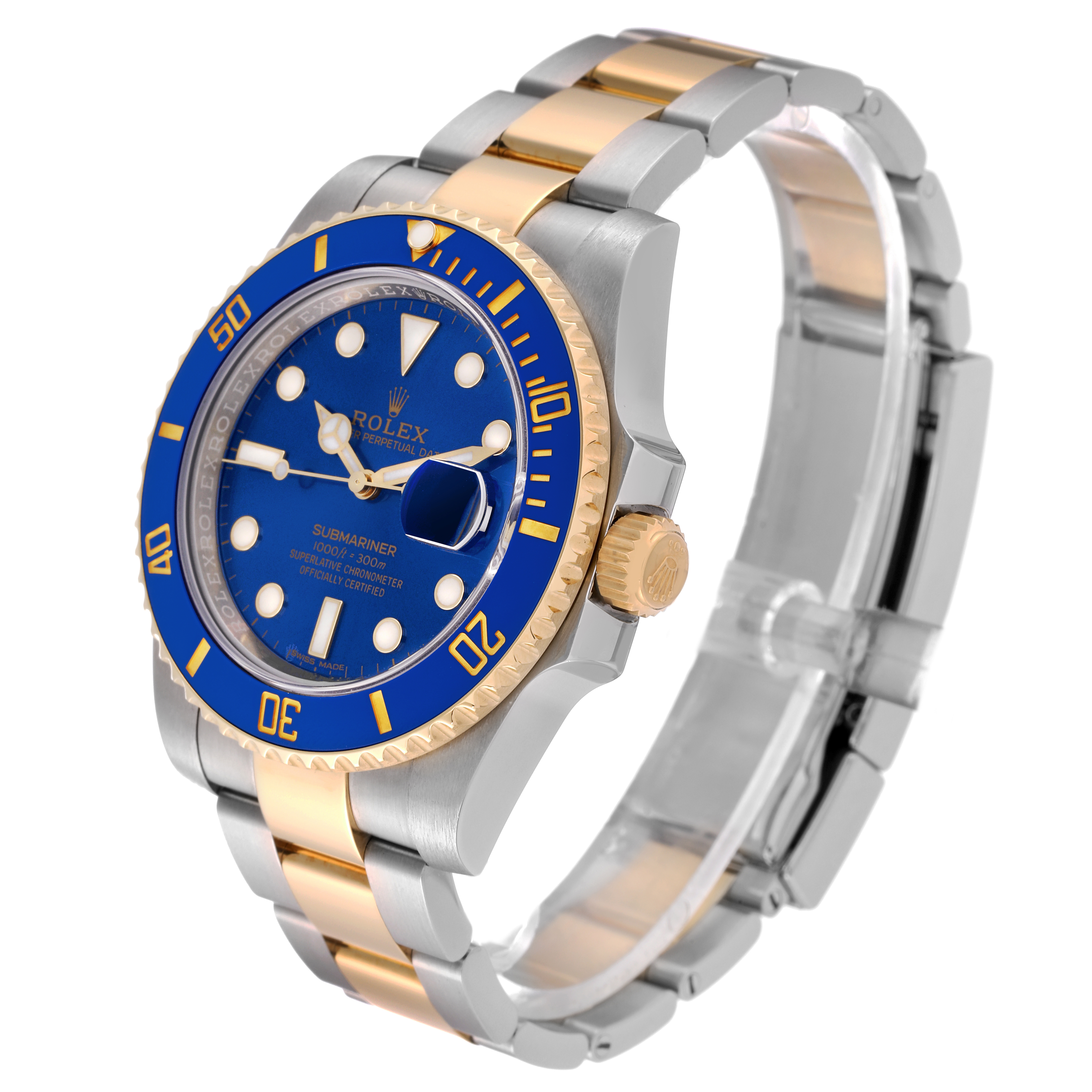 The image shows a side-angle view of a Rolex Submariner 116613 Men's Steel and Gold (two tone) Blue Dial 116613 Men's Steel and Gold (two tone) Blue Dial watch featuring a blue dial, gold bezel, and a two-tone bracelet.