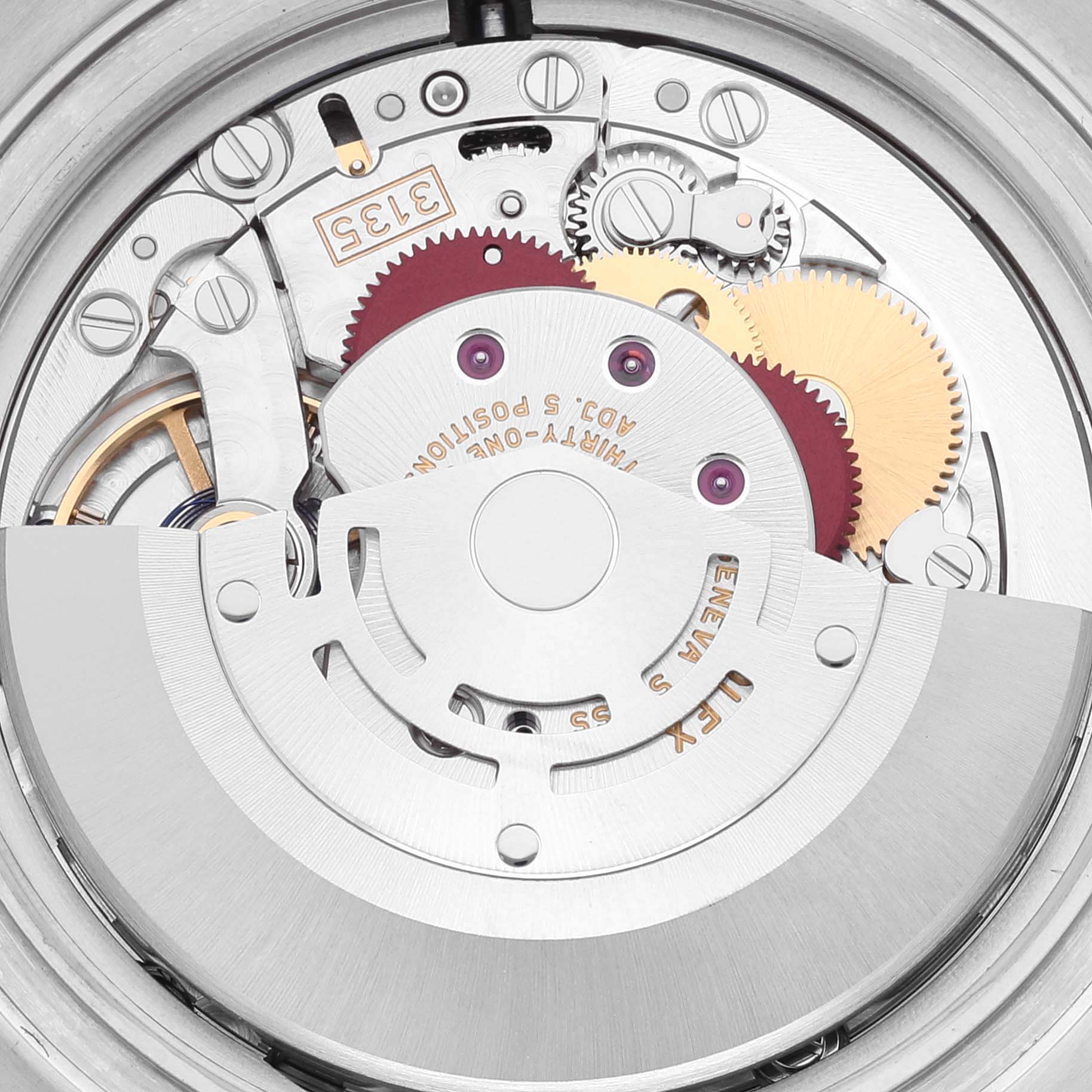 This image shows the intricate movement parts of a Rolex Submariner 116613 Men's Steel and Gold (two tone) Blue Dial 116613 Men's Steel and Gold (two tone) Blue Dial watch, viewed from the back.