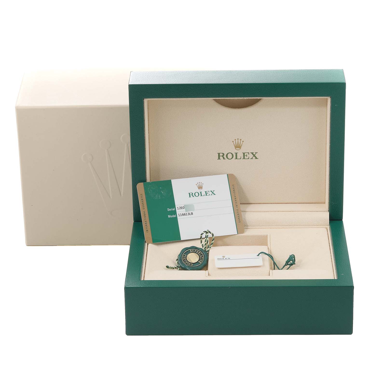 The image displays the packaging for a Rolex Submariner 116613 Men's Steel and Gold (two tone) Blue Dial 116613 Men's Steel and Gold (two tone) Blue Dial watch, including the box, manual, tag, and warranty card.