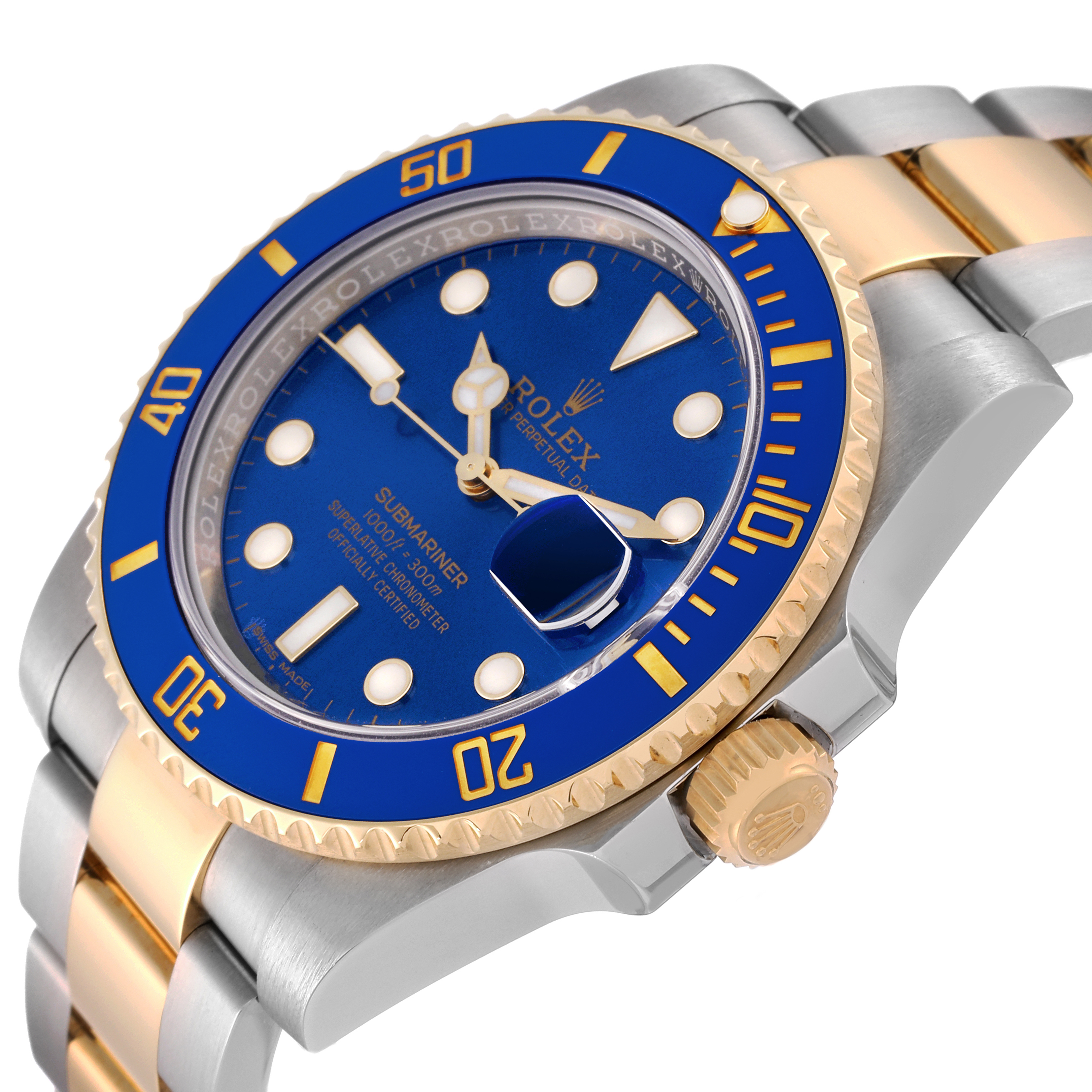 This image shows a Rolex Submariner 116613 Men's Steel and Gold (two tone) Blue Dial 116613 Men's Steel and Gold (two tone) Blue Dial watch at an angle, highlighting the blue dial, bezel, and two-tone silver and gold bracelet.