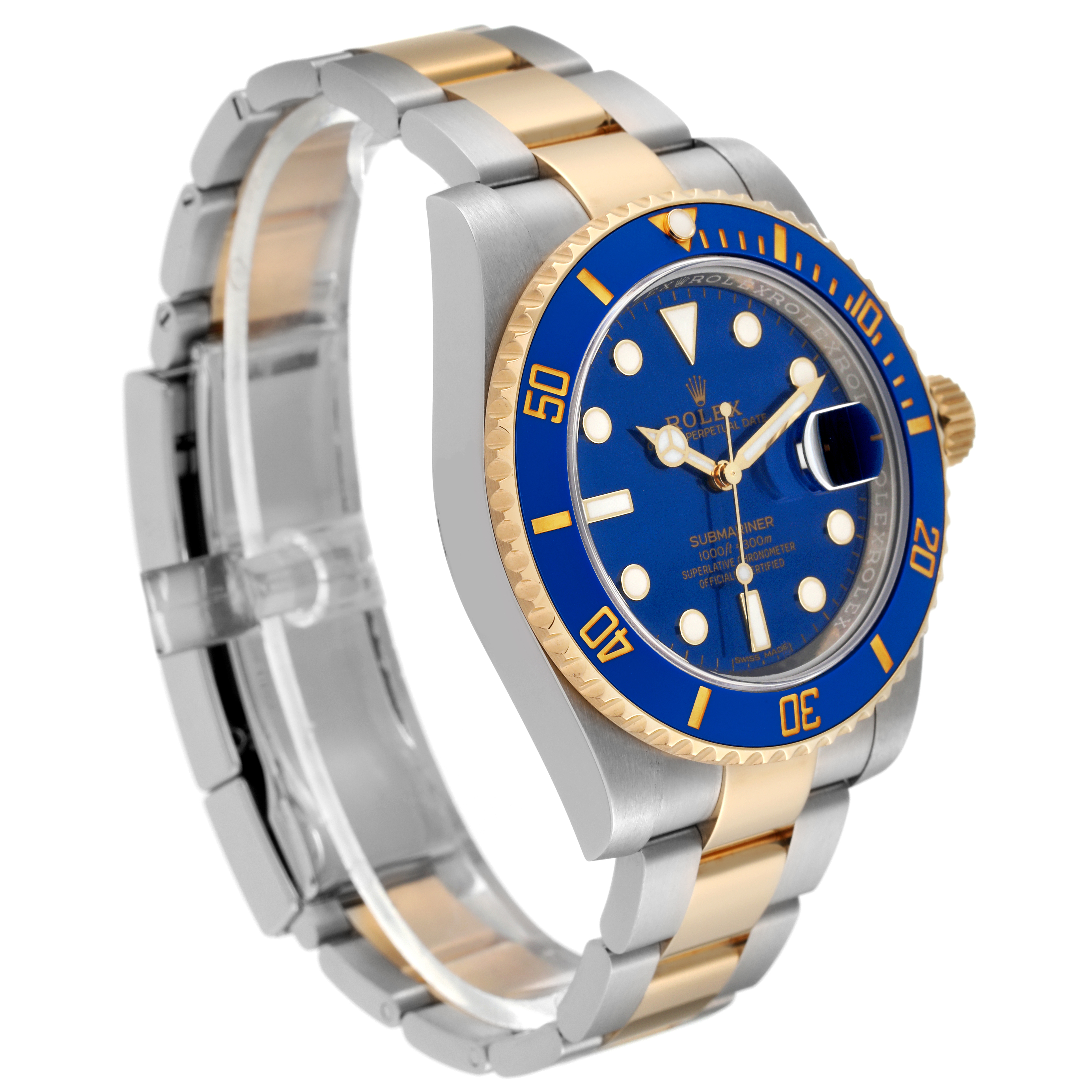 The image shows a Rolex Submariner 116613 Men's Steel and Gold (two tone) Blue Dial 116613 Men's Steel and Gold (two tone) Blue Dial watch at a three-quarter angle, highlighting its blue dial, bezel, and two-tone bracelet.