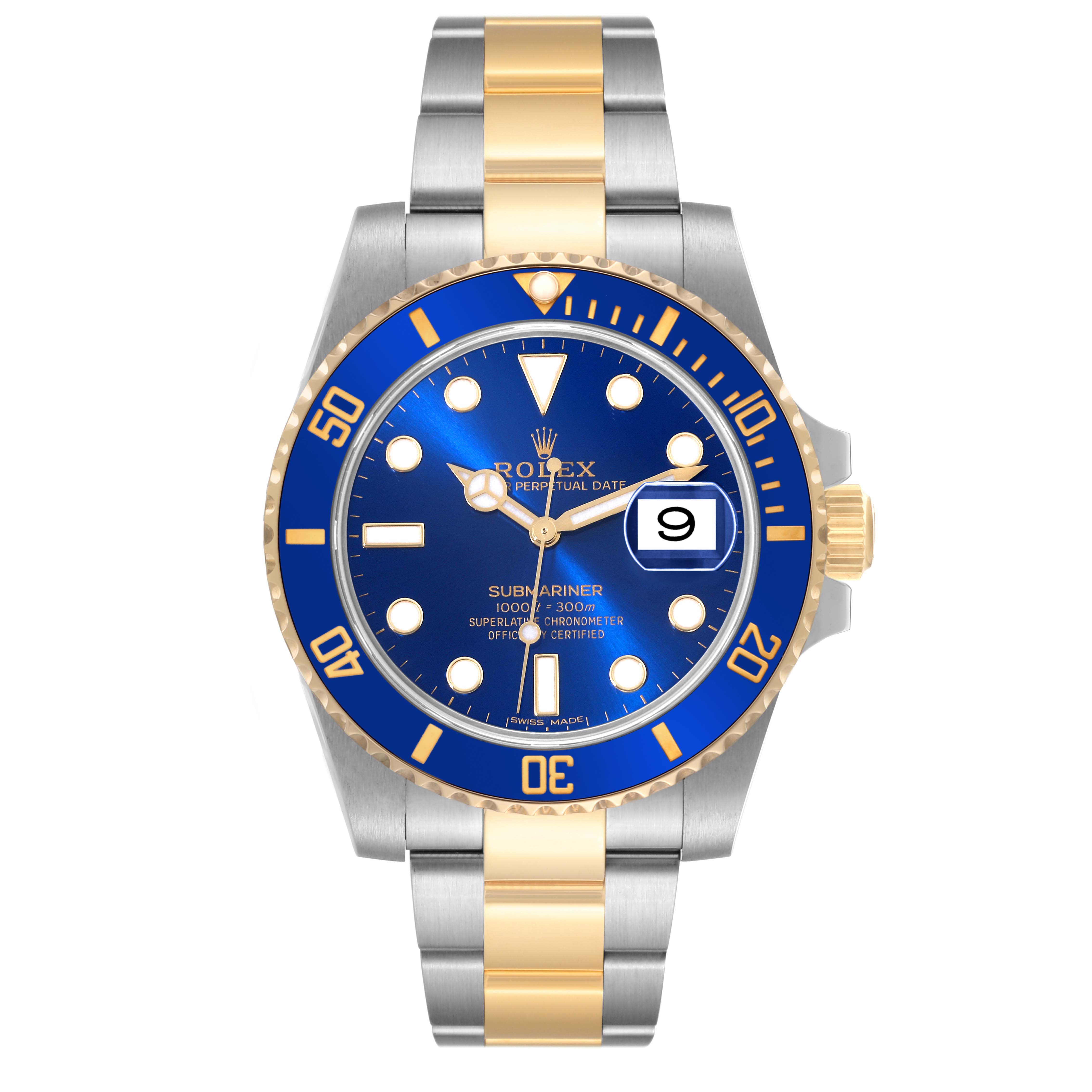 The image shows a head-on view of a Rolex Submariner 116613 Men's Steel and Gold (two tone) Blue Dial 116613 Men's Steel and Gold (two tone) Blue Dial watch, highlighting its blue dial and two-tone metal bracelet.