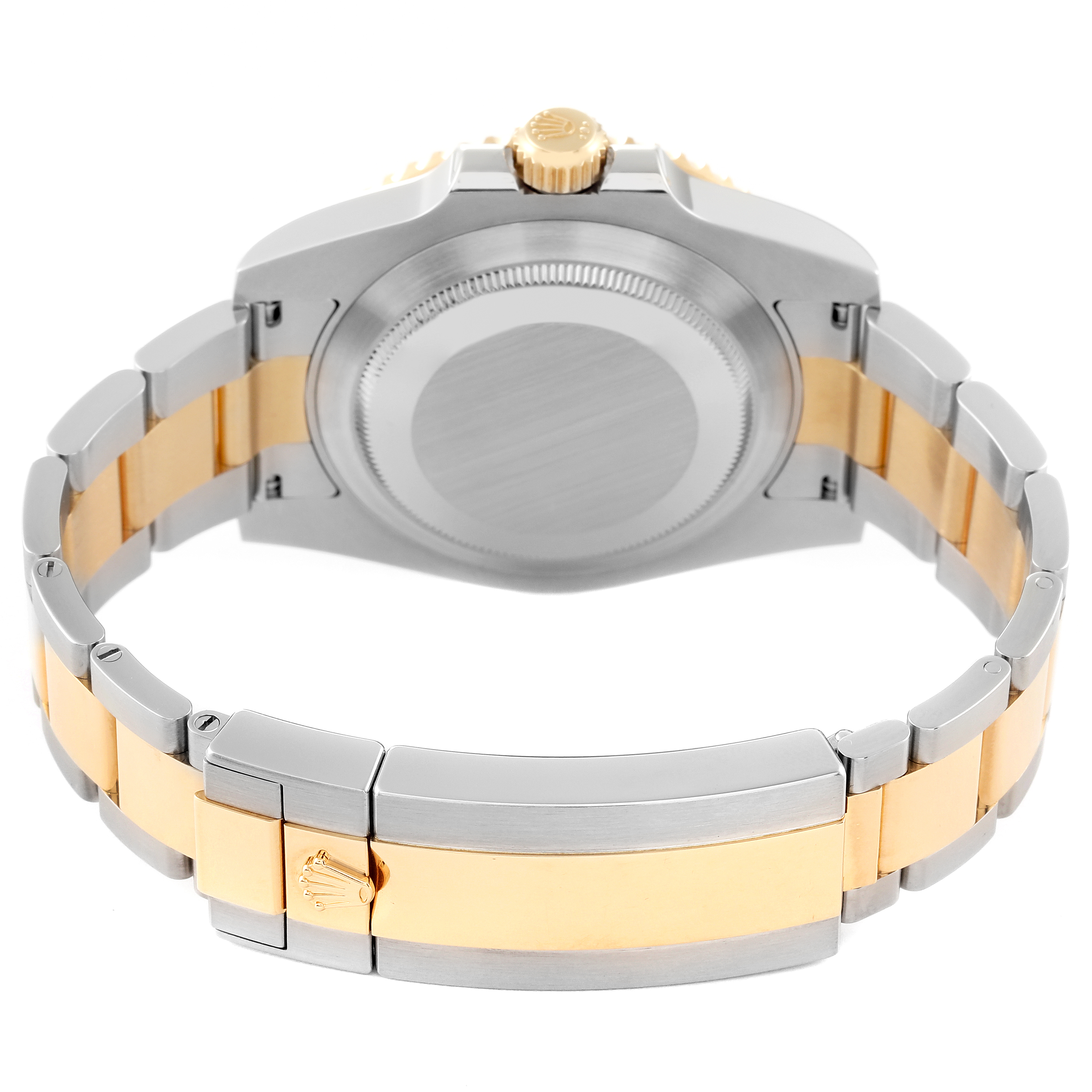 This image shows the back case and bracelet of a Rolex Submariner 116613 Men's Steel and Gold (two tone) Blue Dial 116613 Men's Steel and Gold (two tone) Blue Dial watch, featuring a two-tone metal design.