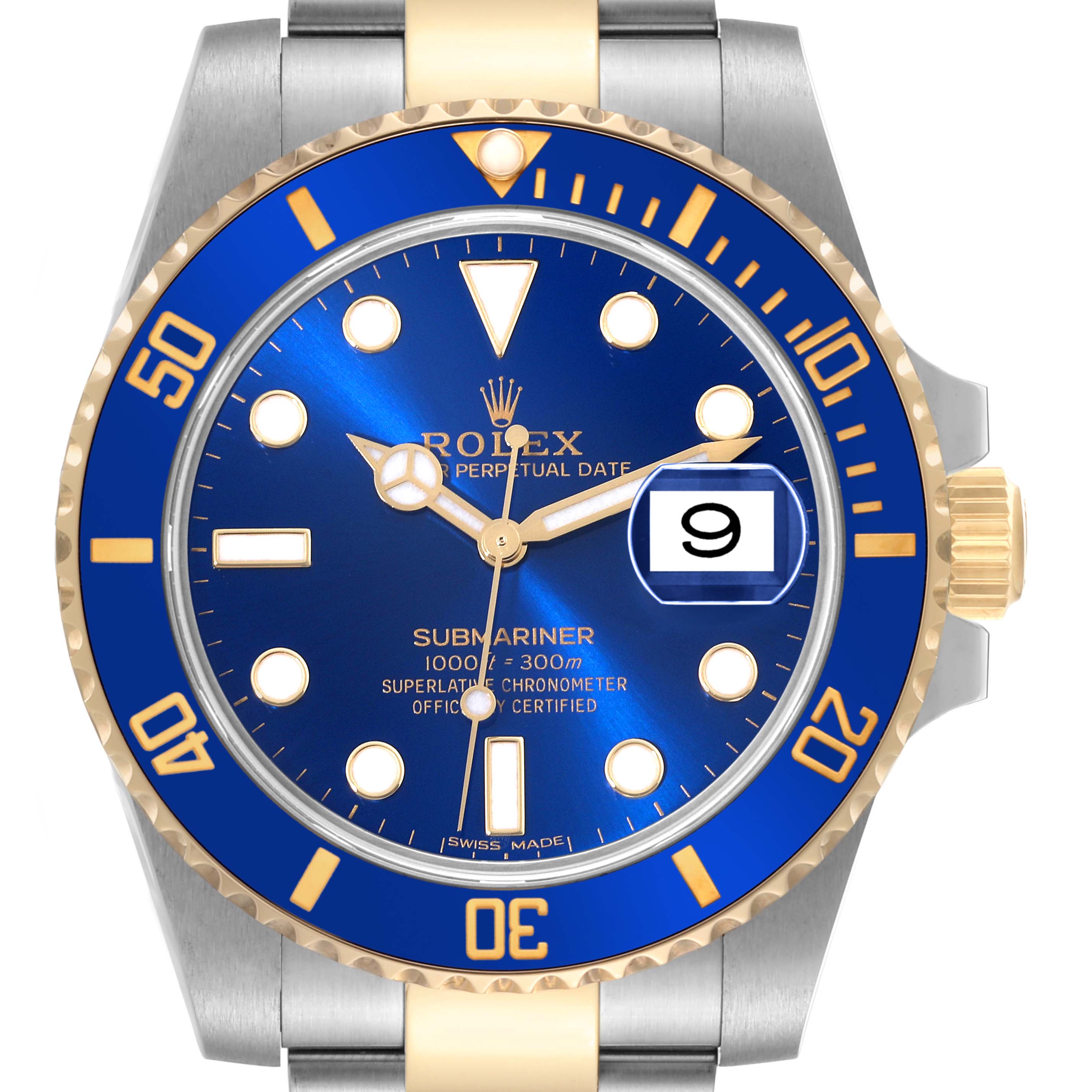 The image shows a front view of a Rolex Submariner 116613 Men's Steel and Gold (two tone) Blue Dial 116613 Men's Steel and Gold (two tone) Blue Dial watch with a blue dial and bezel, featuring a steel and gold bracelet.