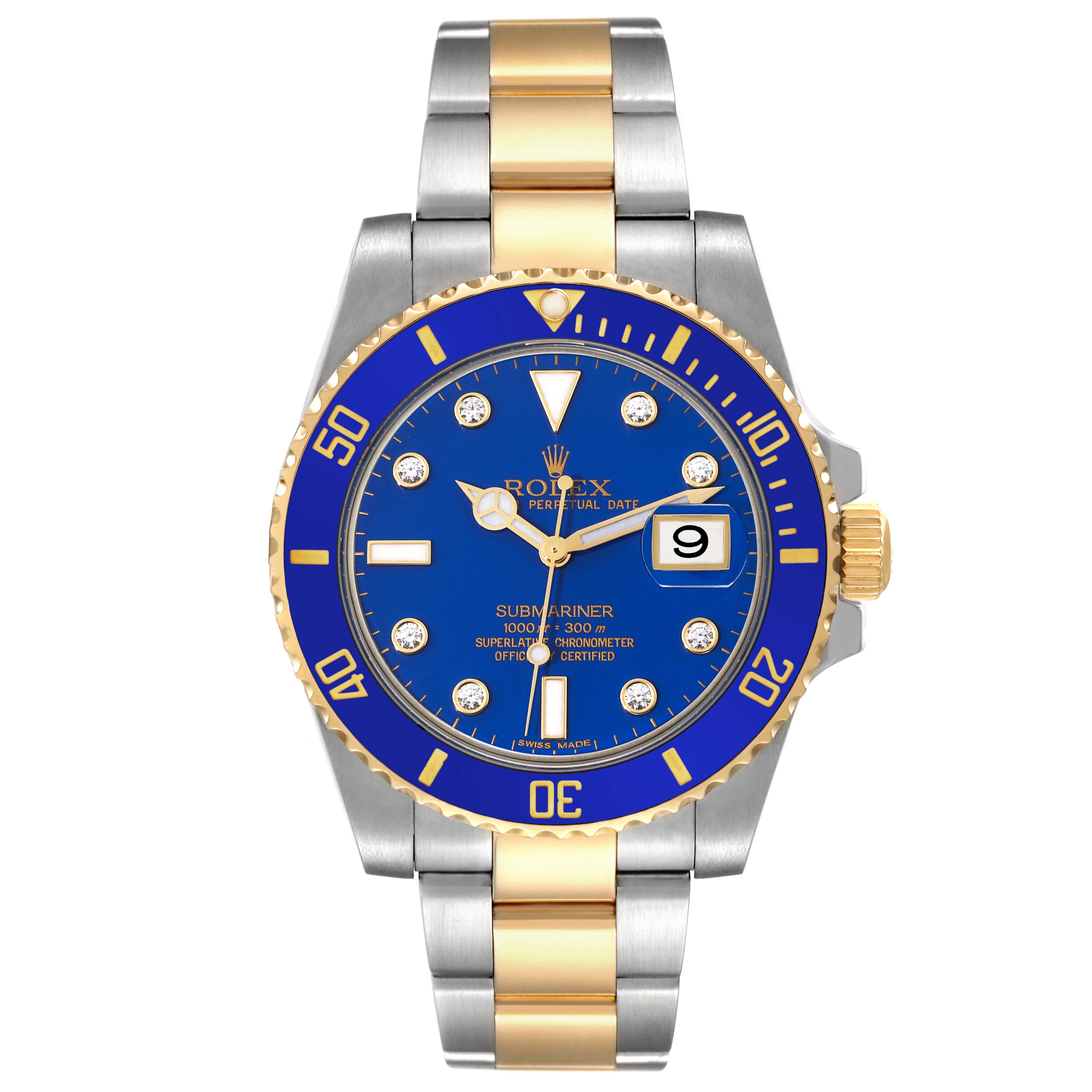 The Rolex Submariner 116613 Men's Steel and Gold (two tone) Blue Dial 116613 Men's Steel and Gold (two tone) Blue Dial watch is shown from the front, highlighting its blue dial, bezel, and two-tone silver and gold bracelet.