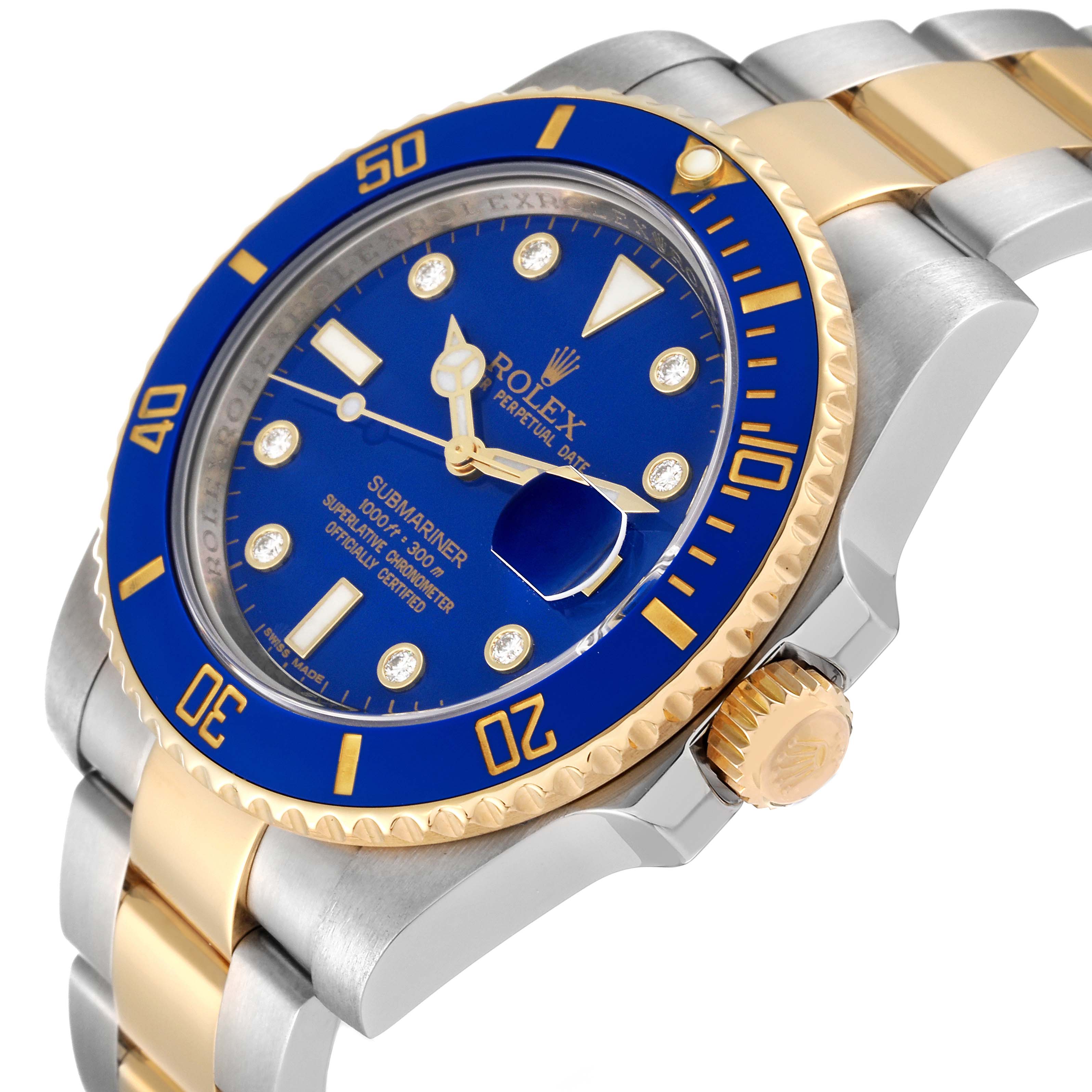 The image shows a side view of the Rolex Submariner 116613 Men's Steel and Gold (two tone) Blue Dial 116613 Men's Steel and Gold (two tone) Blue Dial watch, highlighting its blue dial, gold crown, and two-tone bracelet.