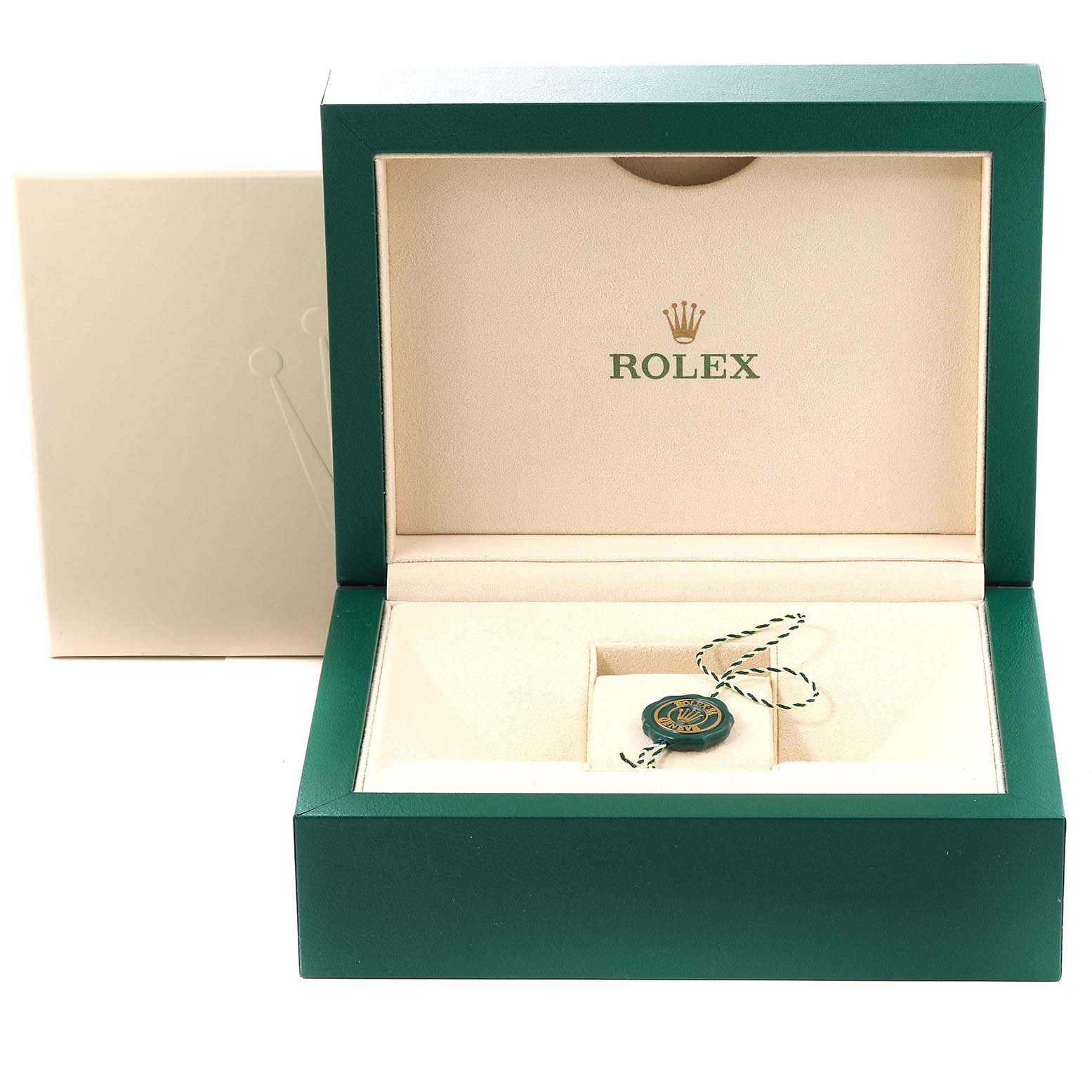 This image shows an open Rolex Submariner 116613 Men's Steel and Gold (two tone) Blue Dial 116613 Men's Steel and Gold (two tone) Blue Dial watch box from a front angle, revealing the interior and a hang tag.