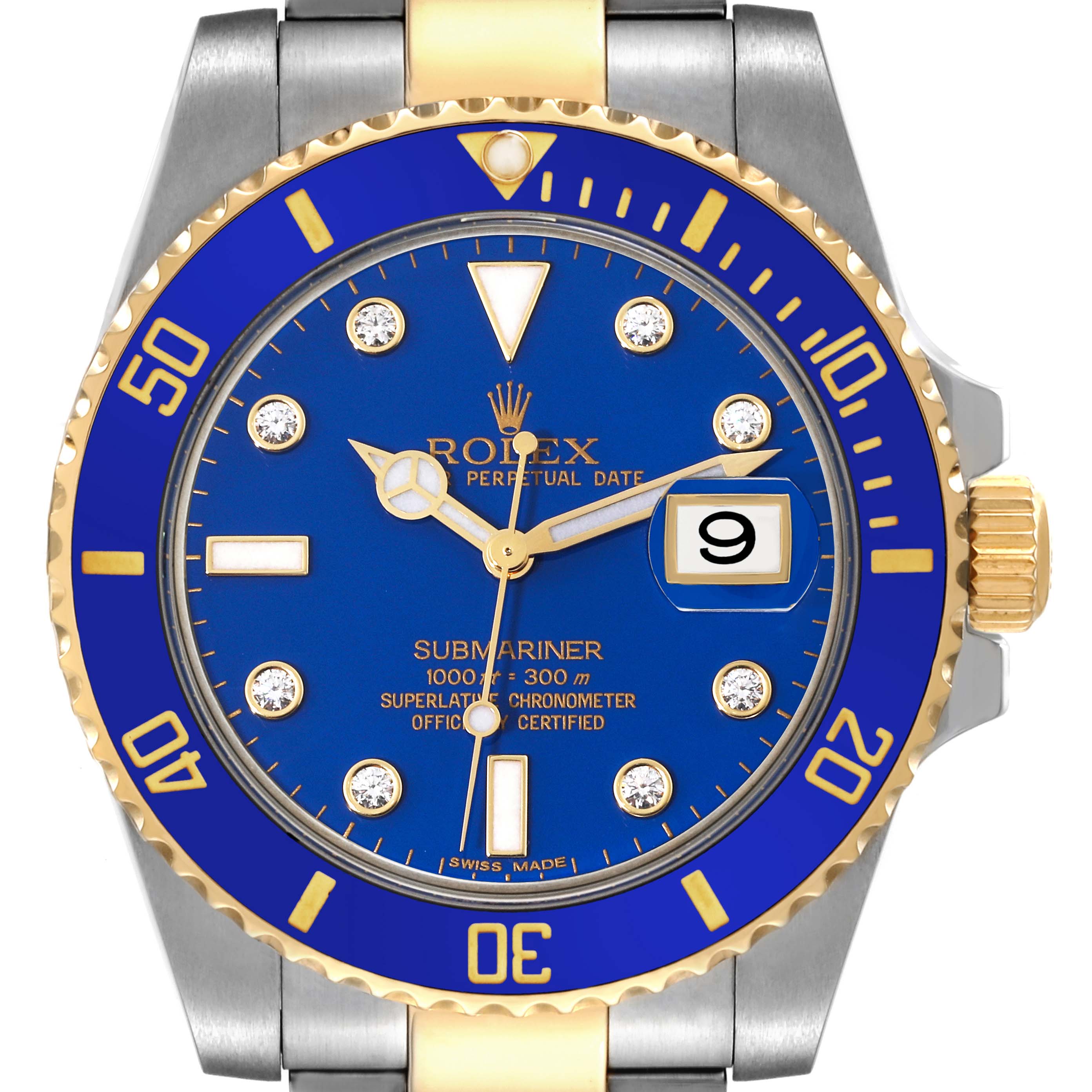 The image shows a frontal view of a Rolex Submariner 116613 Men's Steel and Gold (two tone) Blue Dial 116613 Men's Steel and Gold (two tone) Blue Dial watch with a blue dial and bezel, gold accents, and a two-tone bracelet.