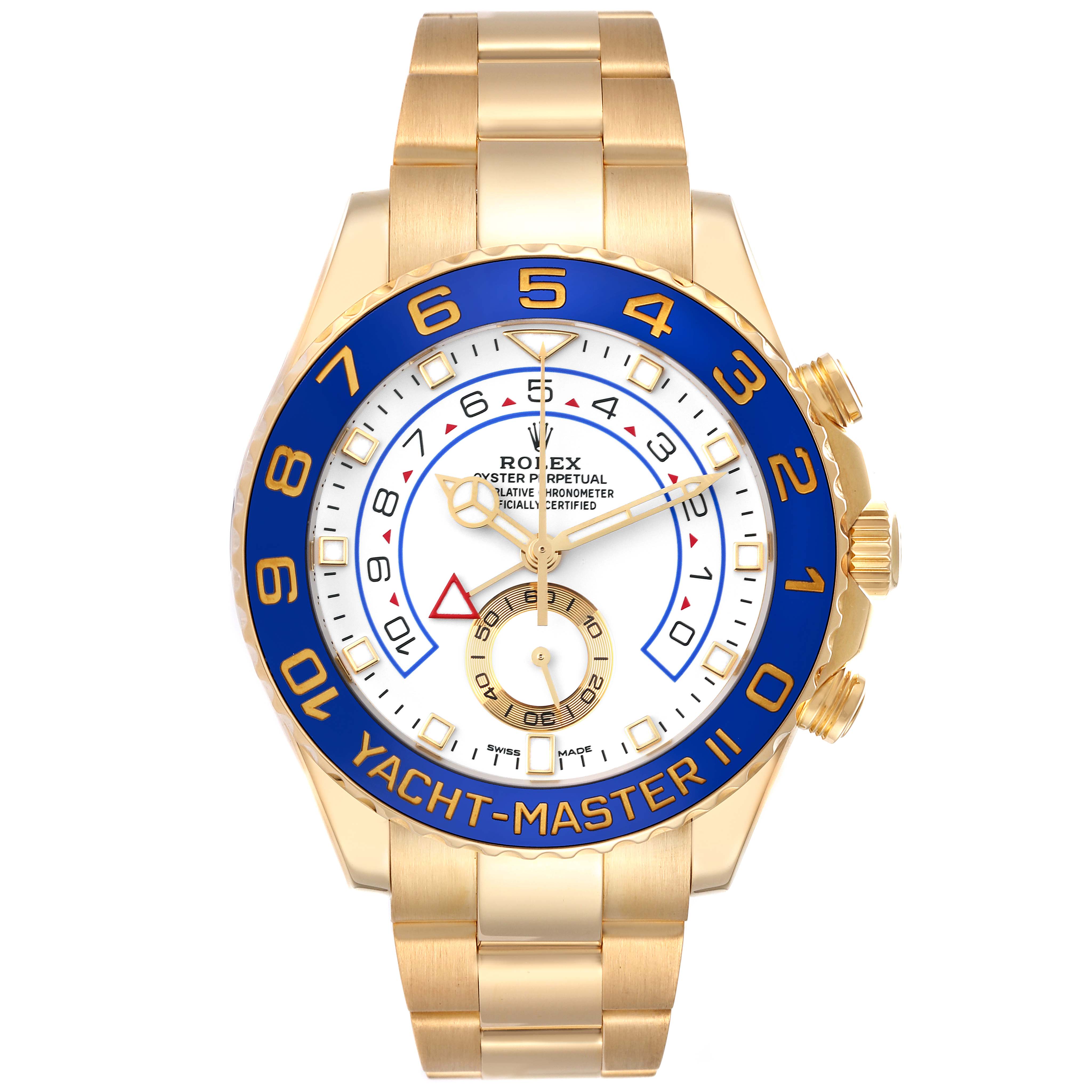 The image shows a front view of a Rolex Yacht-Master 116688 Men's Yellow Gold White Dial 116688 Men's Yellow Gold White Dial watch, highlighting its gold bracelet and blue bezel.