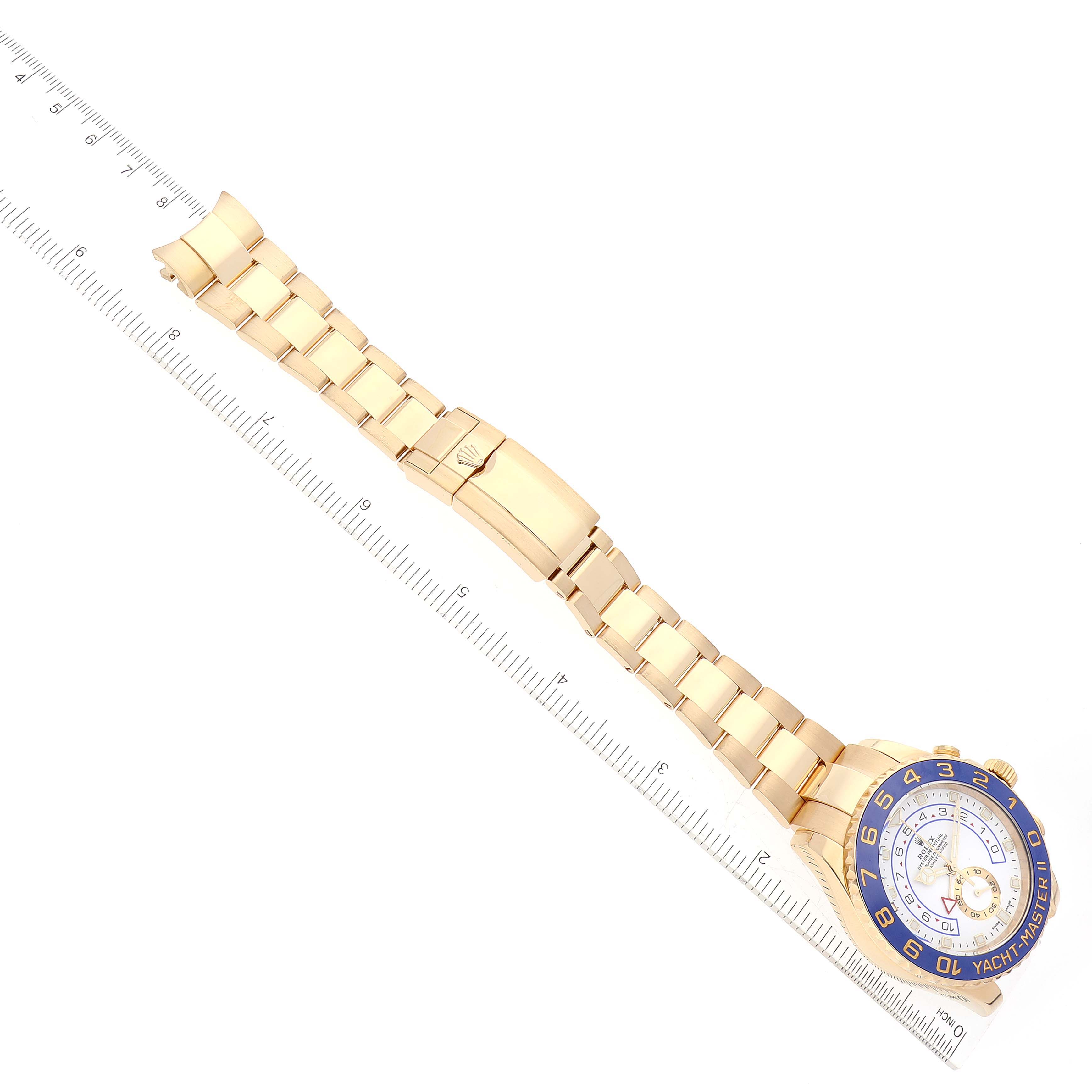 The image shows a Rolex Yacht-Master 116688 Men's Yellow Gold White Dial 116688 Men's Yellow Gold White Dial watch placed diagonally, highlighting the face and bracelet.