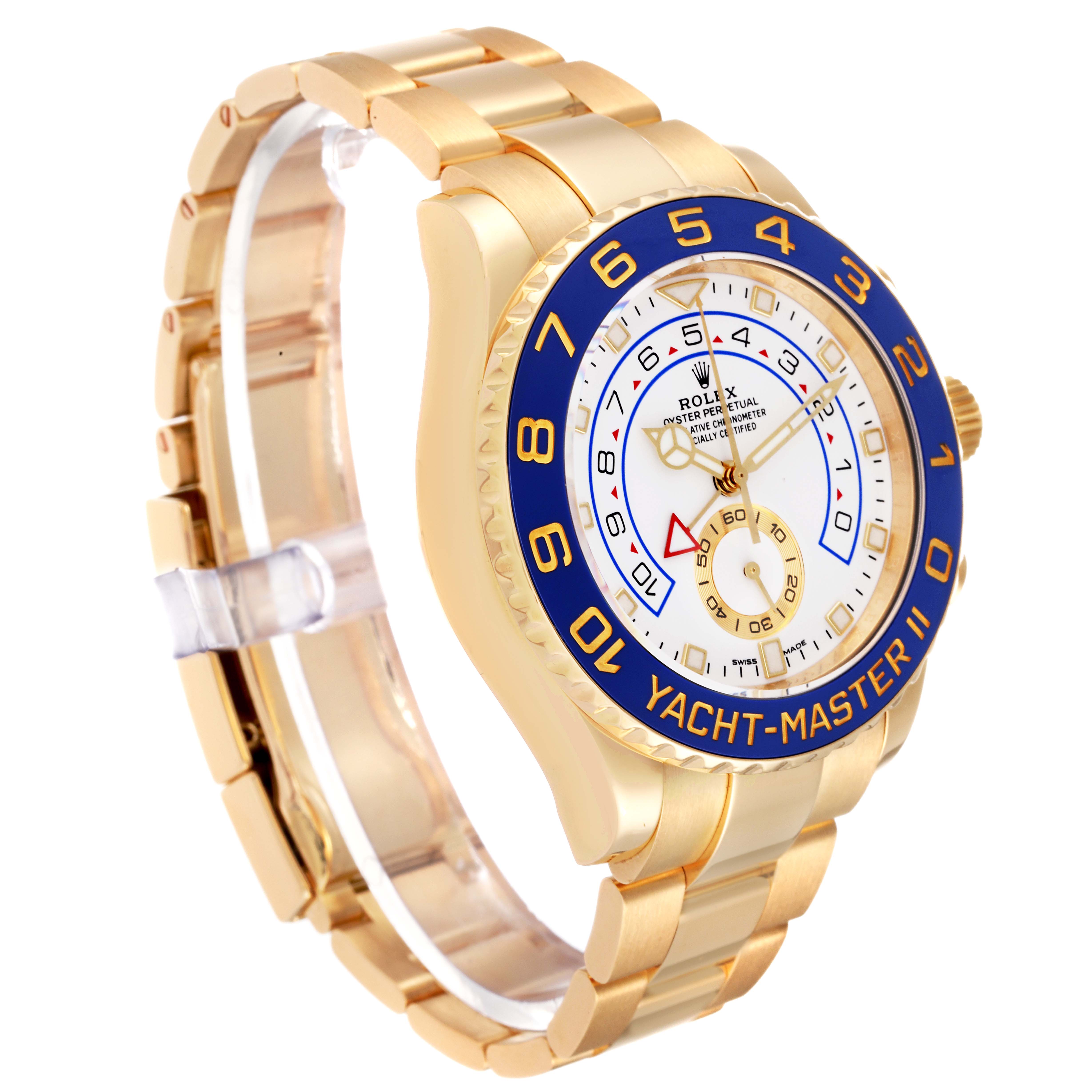 The image shows a side-angle view of a Rolex Yacht-Master 116688 Men's Yellow Gold White Dial 116688 Men's Yellow Gold White Dial watch, highlighting its gold bracelet, blue bezel, and white dial.