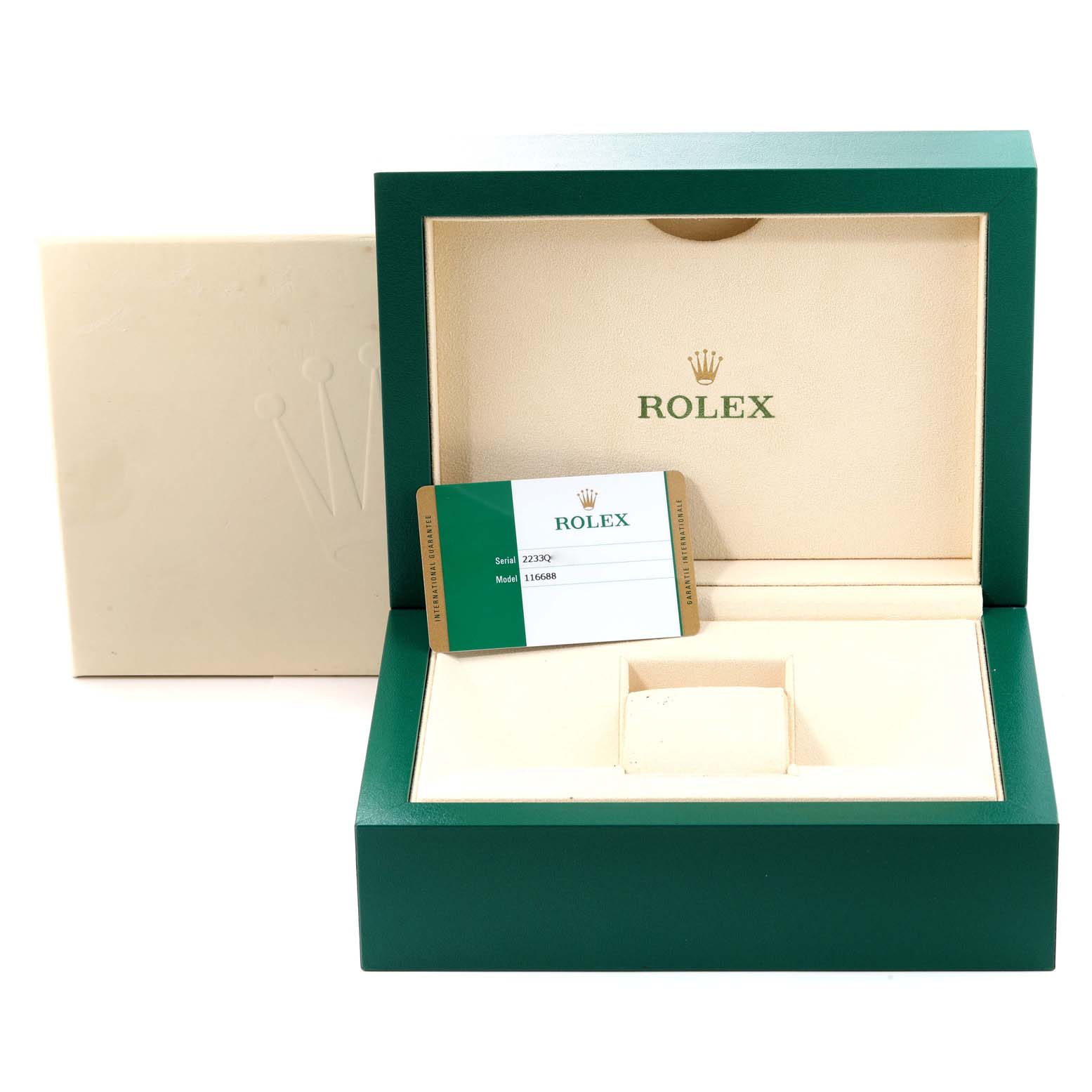 The image shows an open Rolex watch box with a warranty card for the Yacht-Master model, along with its outer packaging.