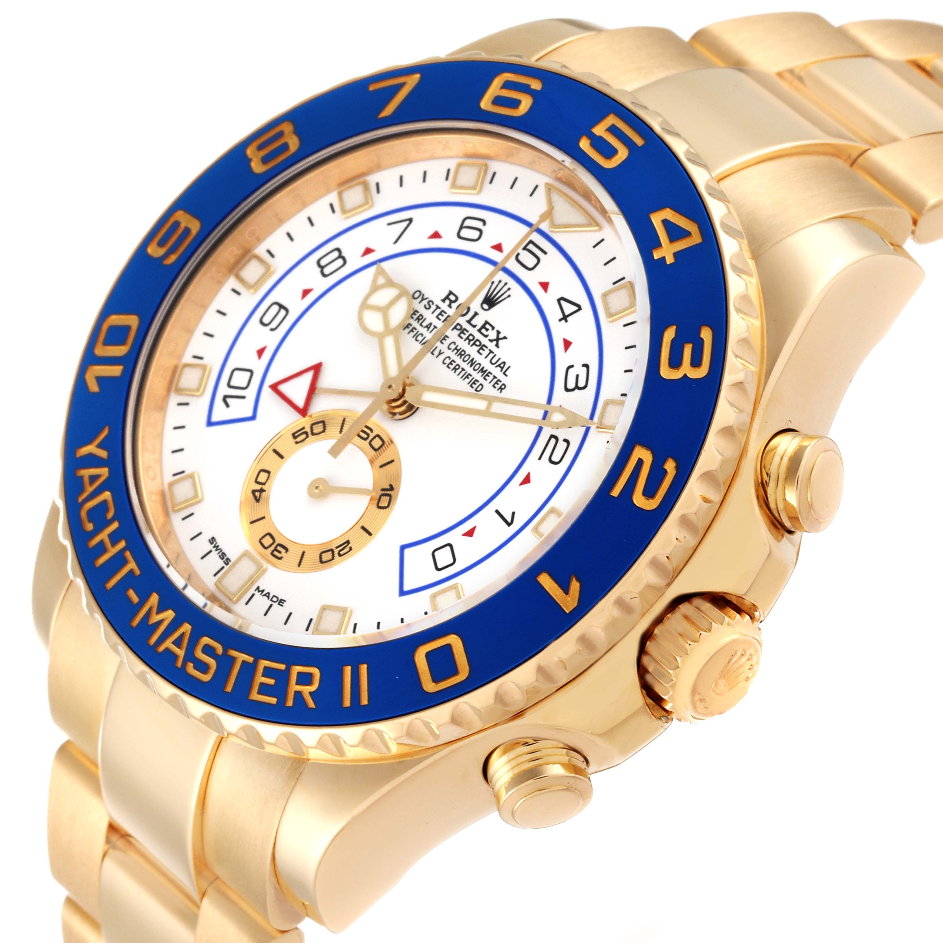 The image shows a Yacht-Master Rolex watch from a three-quarter angle displaying the face, bezel, crown, and part of the bracelet.